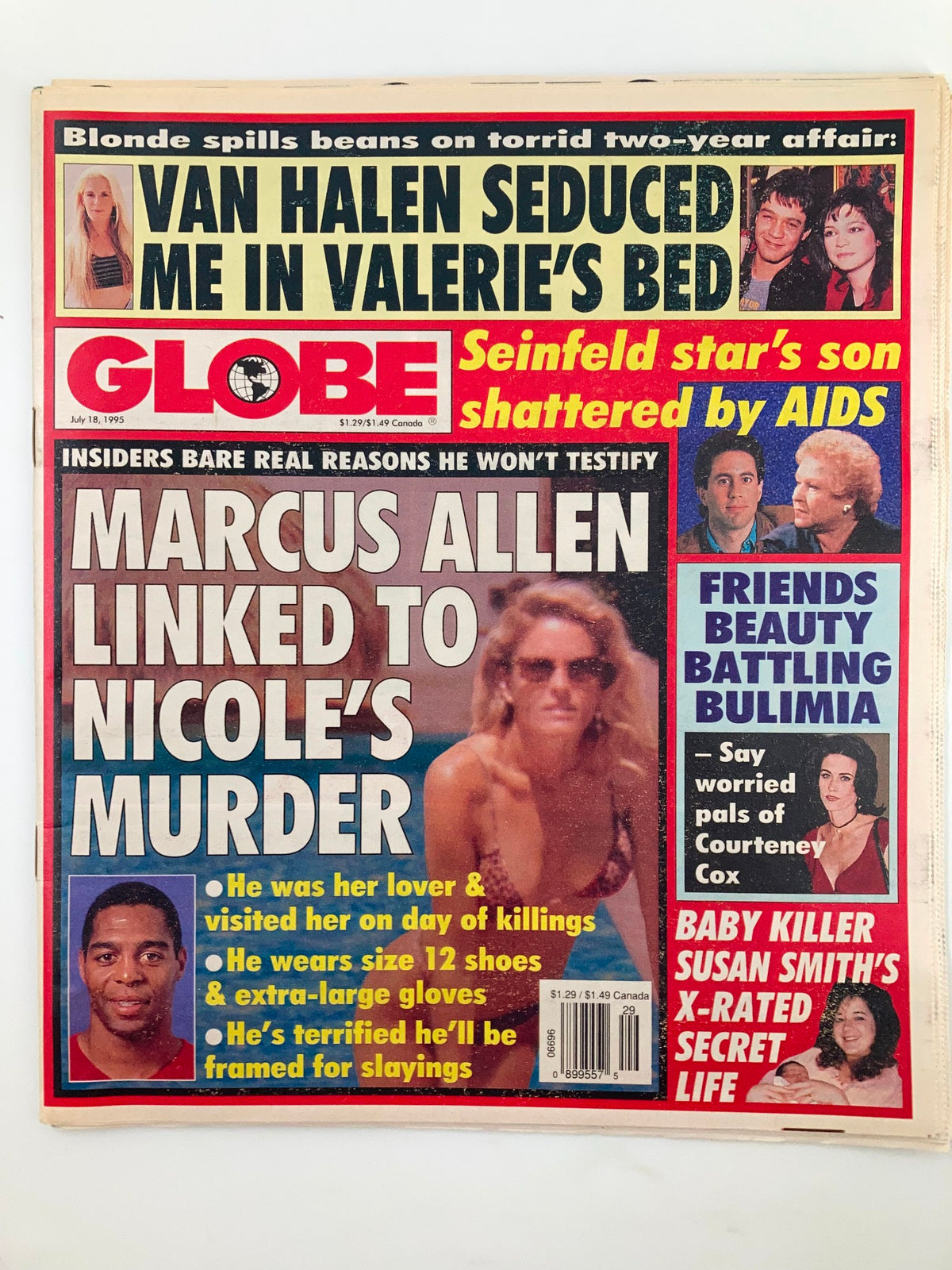 Globe Magazine July 18 1995 cover featuring Marcus Allen linked to Nicole Brown's murder and Van Halen's affair with Valerie. Includes sensational stories and cultural details from the 90s.