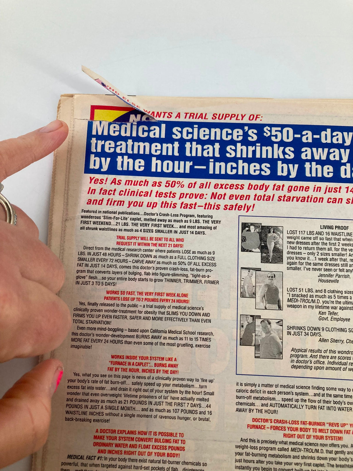Back cover of Globe Magazine July 18 1995 showing an advertisement for a weight loss treatment. Highlights from the 90s, including medical claims and consumer products.