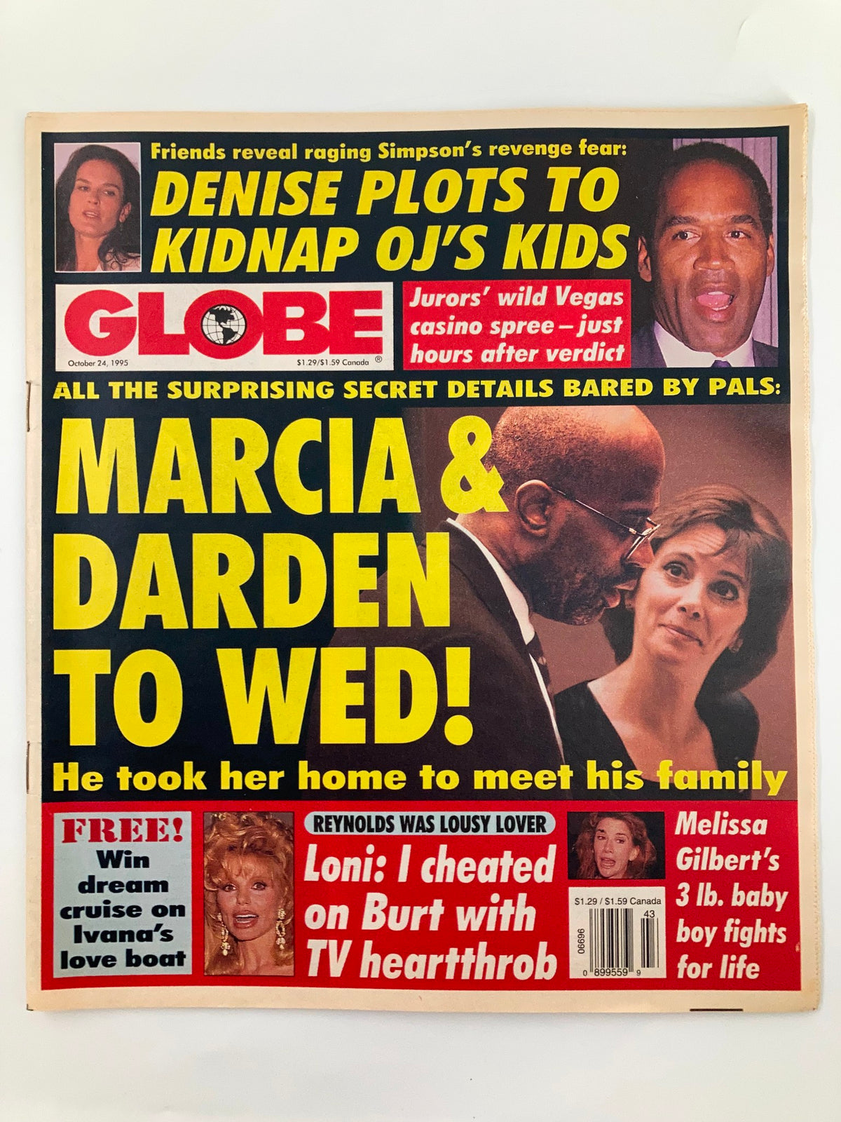 Cover of Globe Magazine dated October 24, 1995 featuring headline 'Marcia & Darden TO WED!' along with images of notable figures and other sensational stories, making it a collectible vintage magazine.