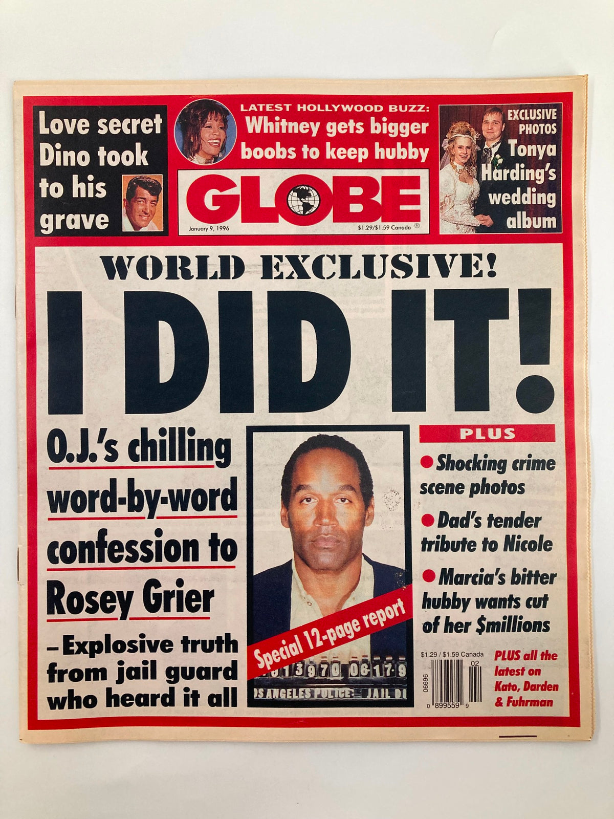 Cover of Globe Magazine dated January 9, 1996 featuring prominent headlines about Whitney Houston and Tonya Harding, along with a photo of O.J. Simpson and various sensational stories from the era.