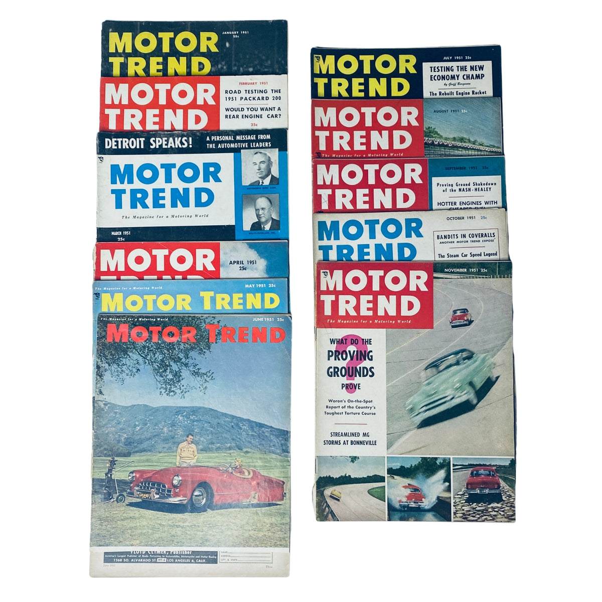 Lot of 11 Motor Trend Magazine 1951 January to November - Cover images of various issues showcasing automotive themes and vintage advertisements.