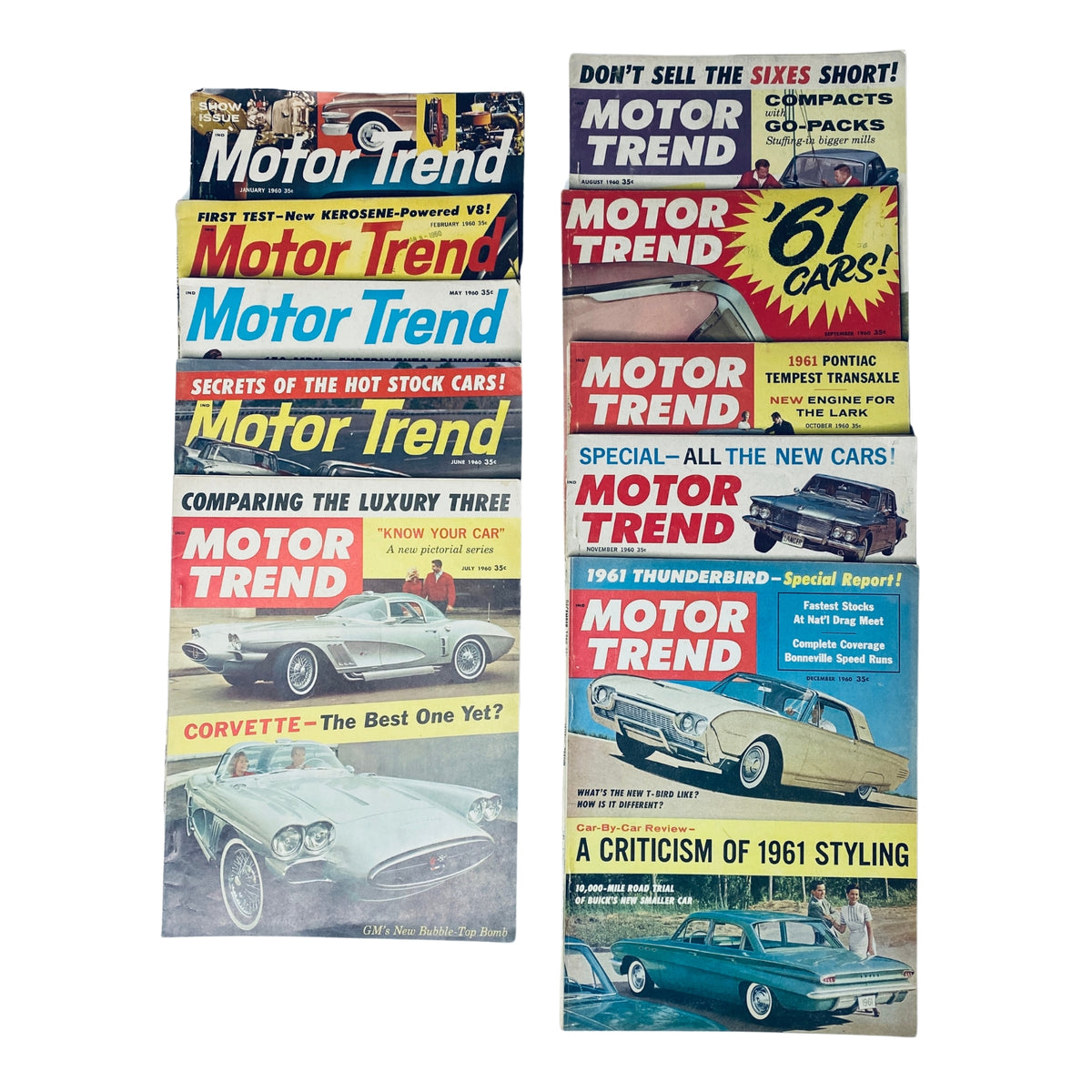 Lot of 10 Motor Trend Magazine issues from 1960, featuring covers of vintage automotive content and car models from January, February, July to December.