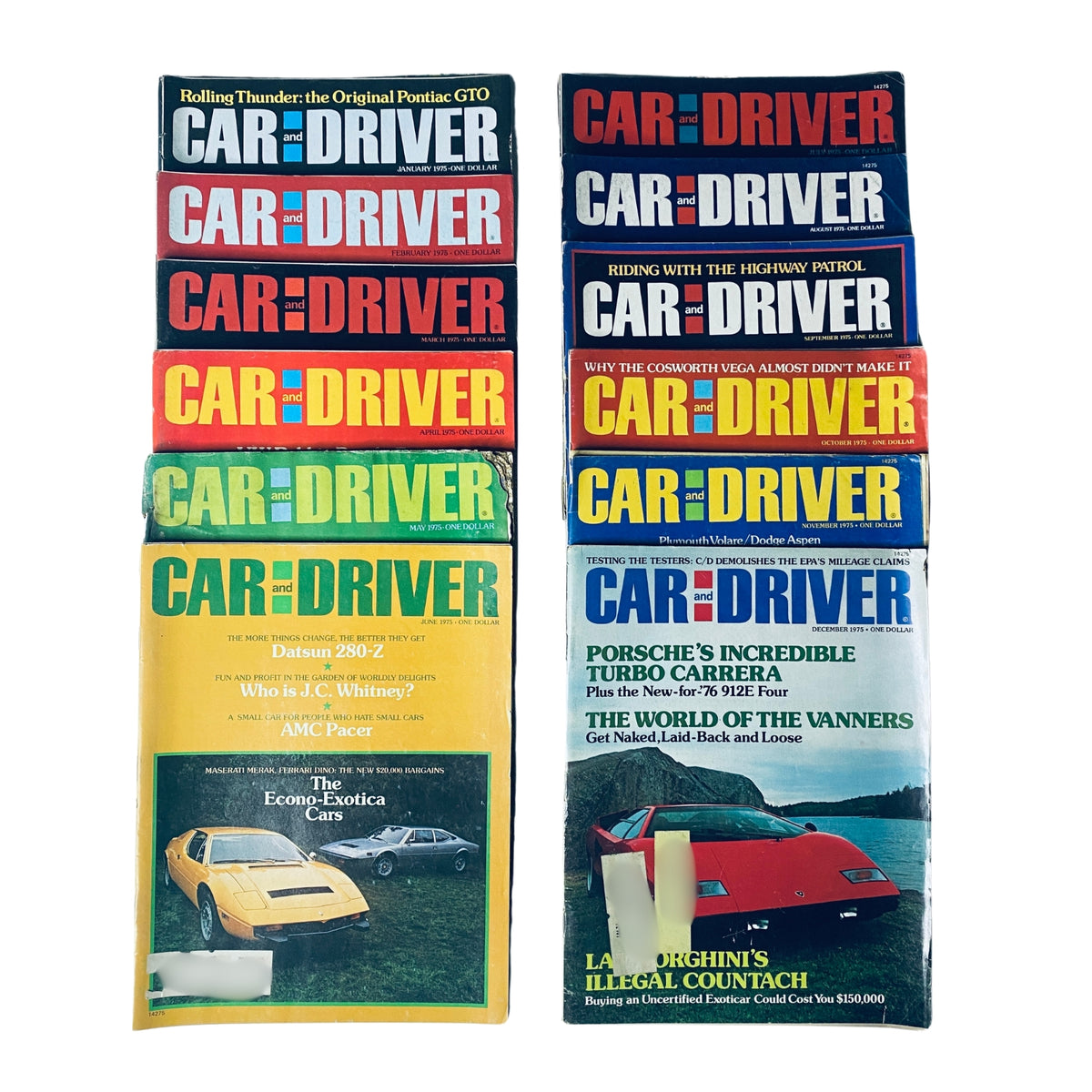 Lot of 12 Car & Driver Magazines from 1975 featuring vibrant covers with automotive themes, showcasing classic cars, road tests, and industry insights.