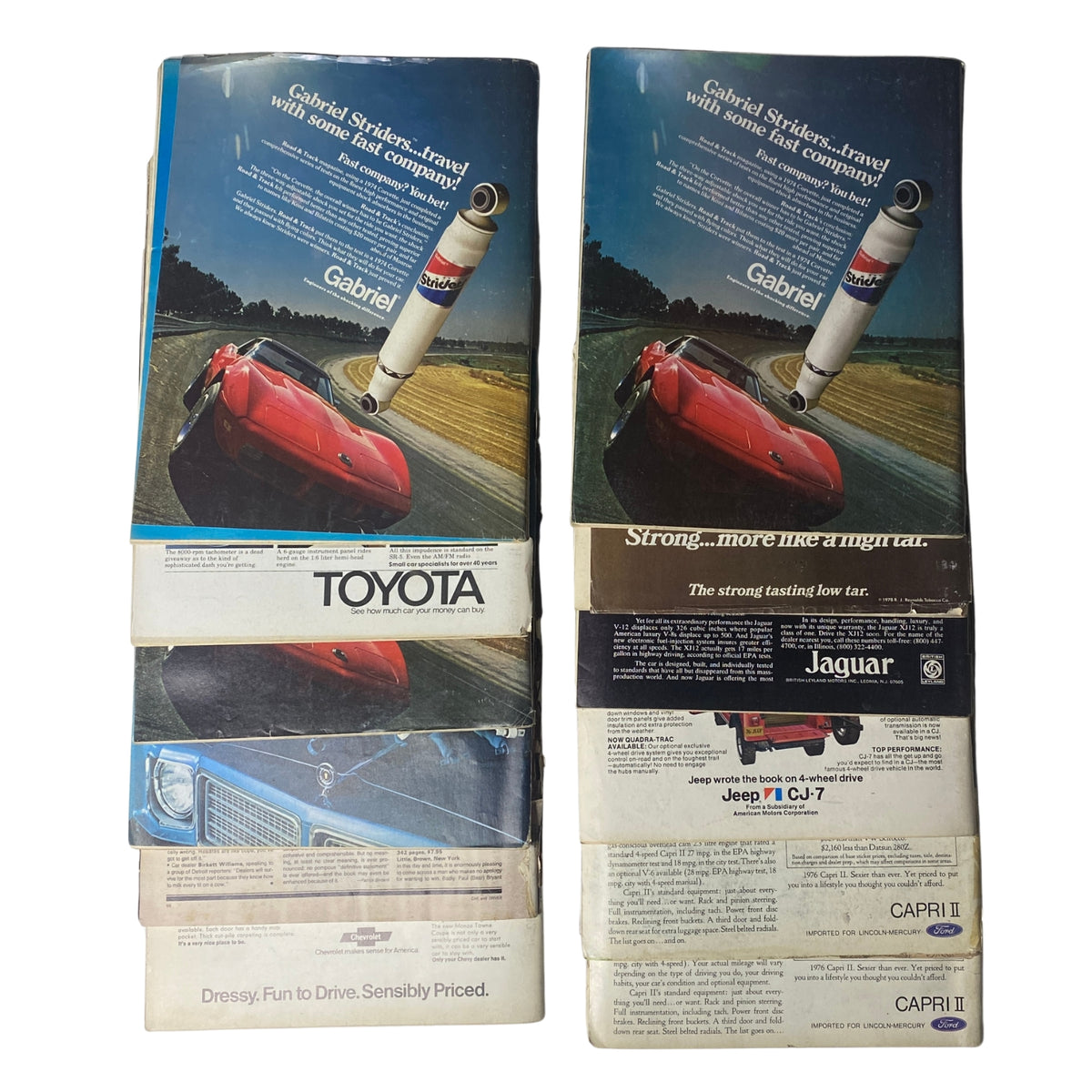 Lot of 12 Car and Driver Magazines – Complete January to December 1975 showing the advertisement pages with notable brands like Toyota and Jaguar, highlighting the automotive culture of the mid-1970s.