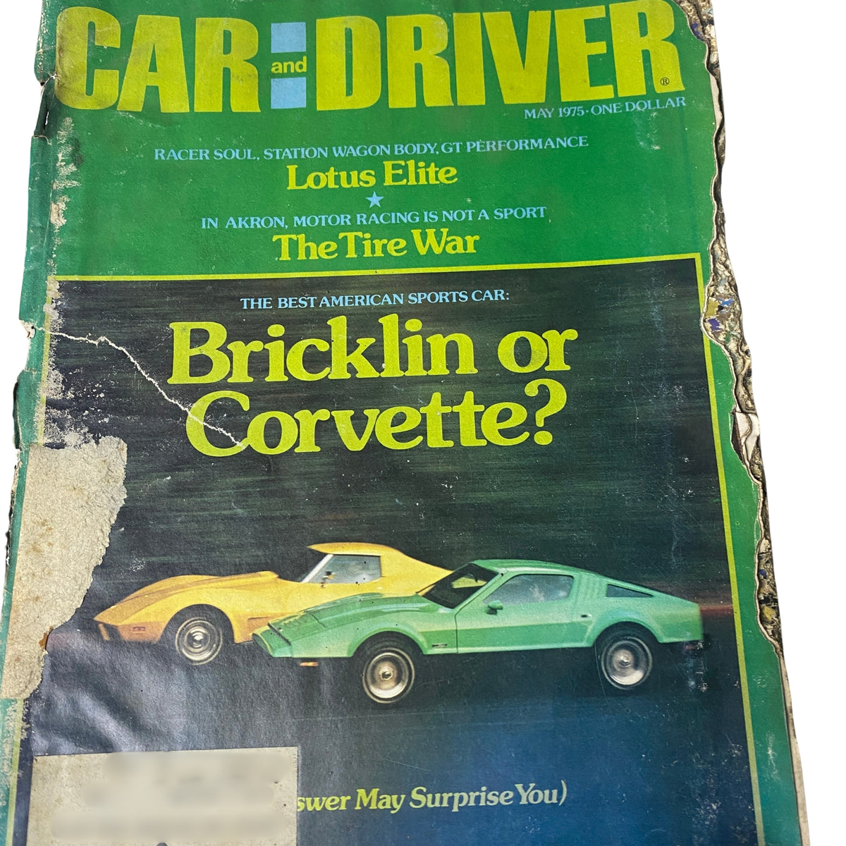 Cover of the Car and Driver magazine from May 1975, featuring a classic Lotus Elite and a comparison between Bricklin and Corvette, part of the Lot of 12 Car and Driver Magazines – Complete January to December 1975.
