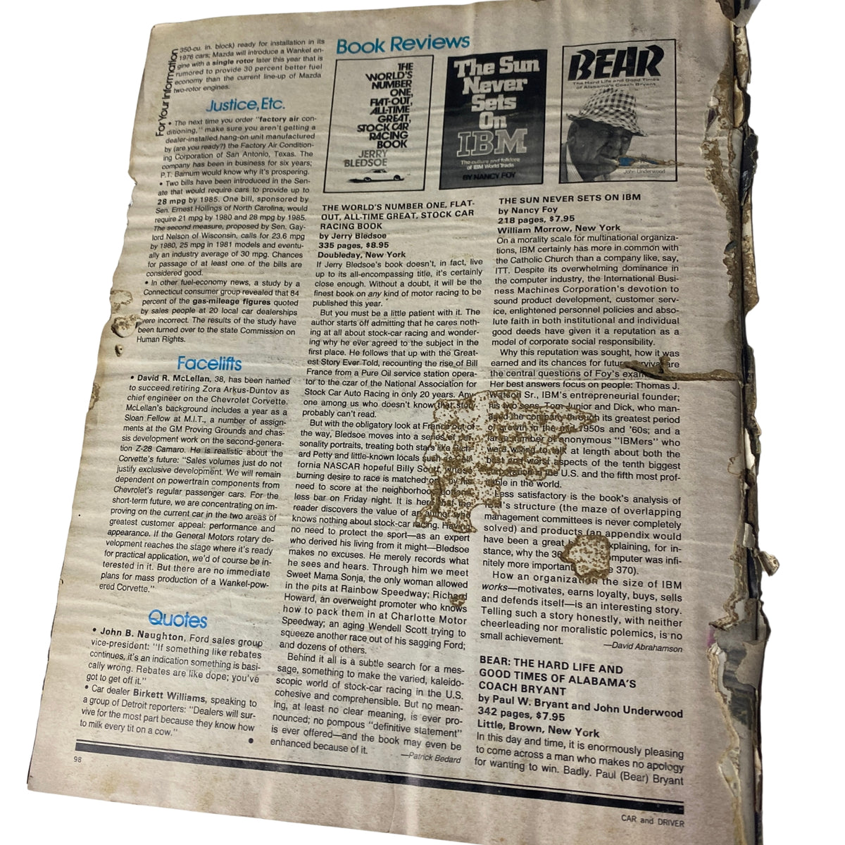 Interior page from the Car and Driver magazine featuring book reviews and automotive quotes, part of the Lot of 12 Car and Driver Magazines – Complete January to December 1975, showcasing the publication's informative style.