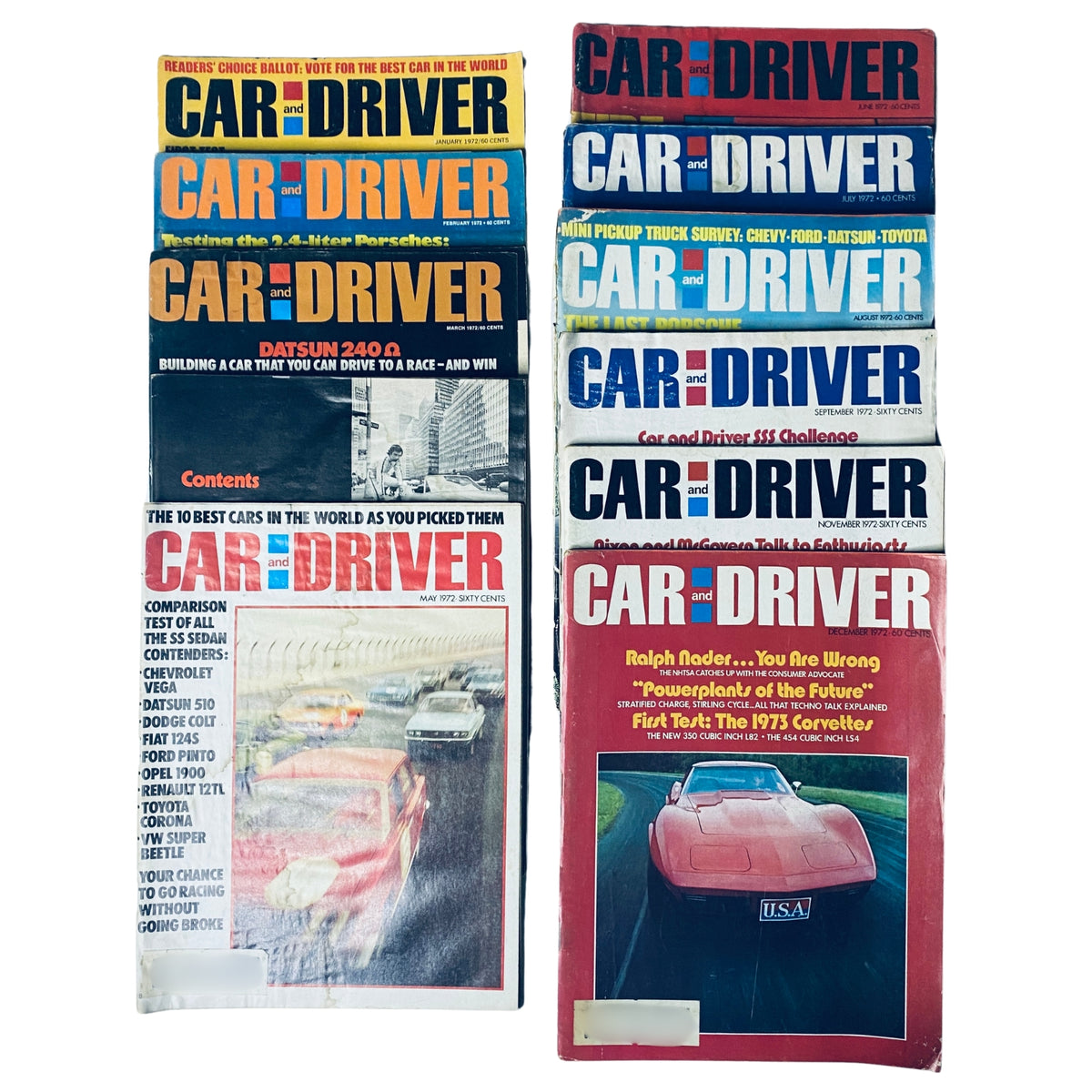 Lot of 11 Car and Driver Magazine 1972 January - September & December Set, featuring vintage car covers and automotive articles.
