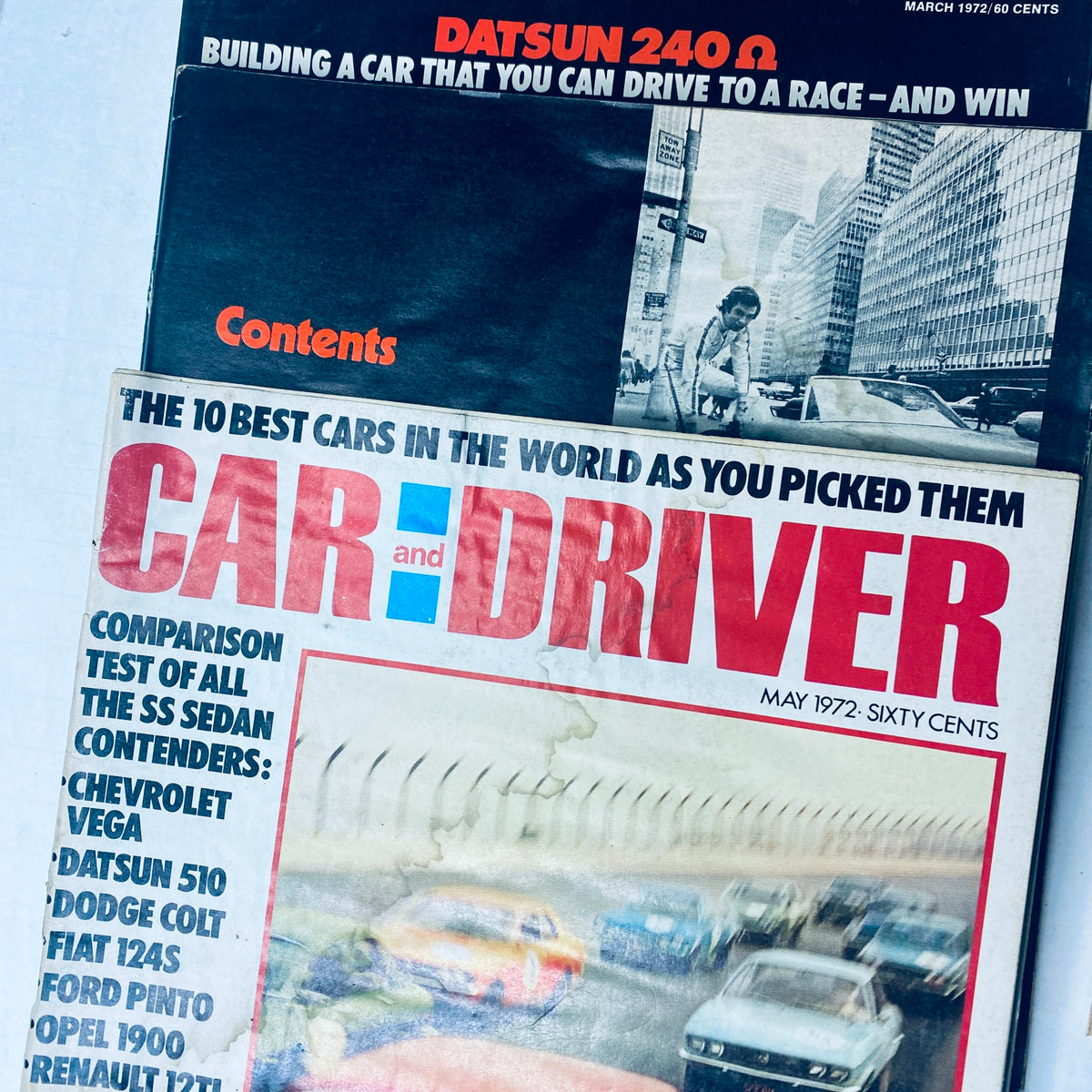 Close-up of Car and Driver Magazine from May 1972, highlighting the contents and cover design, part of the Lot of 11 Car and Driver Magazine 1972 January - September & December Set.