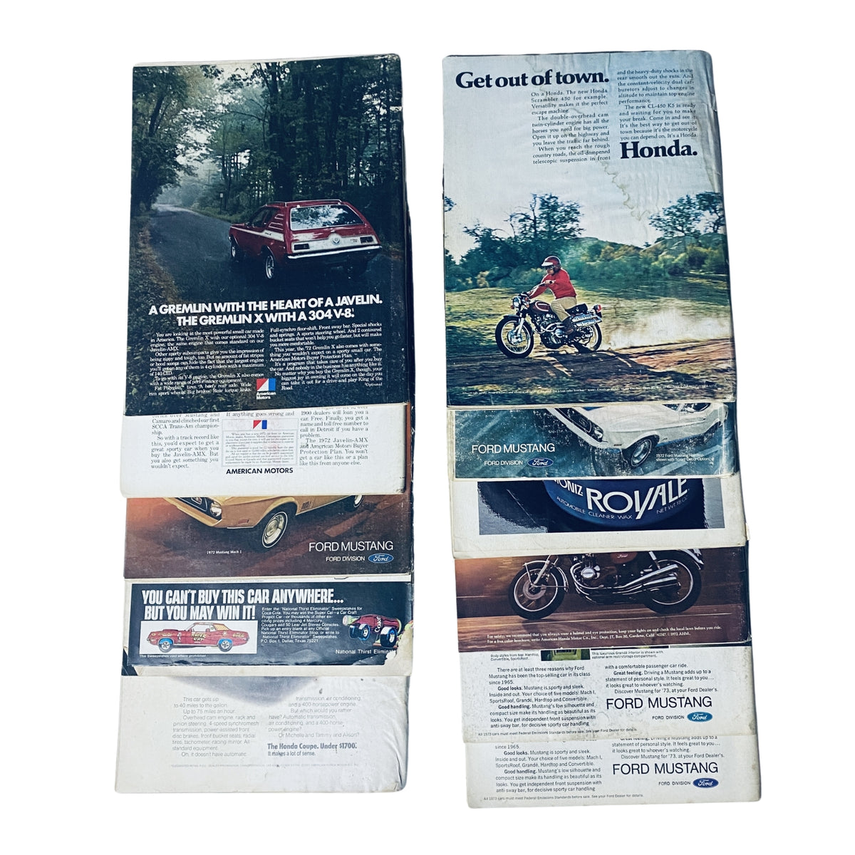 Lot of 11 Car and Driver Magazine 1972 January - September & December Set featuring car ads including a Ford Mustang and motorcycle ads from Honda.