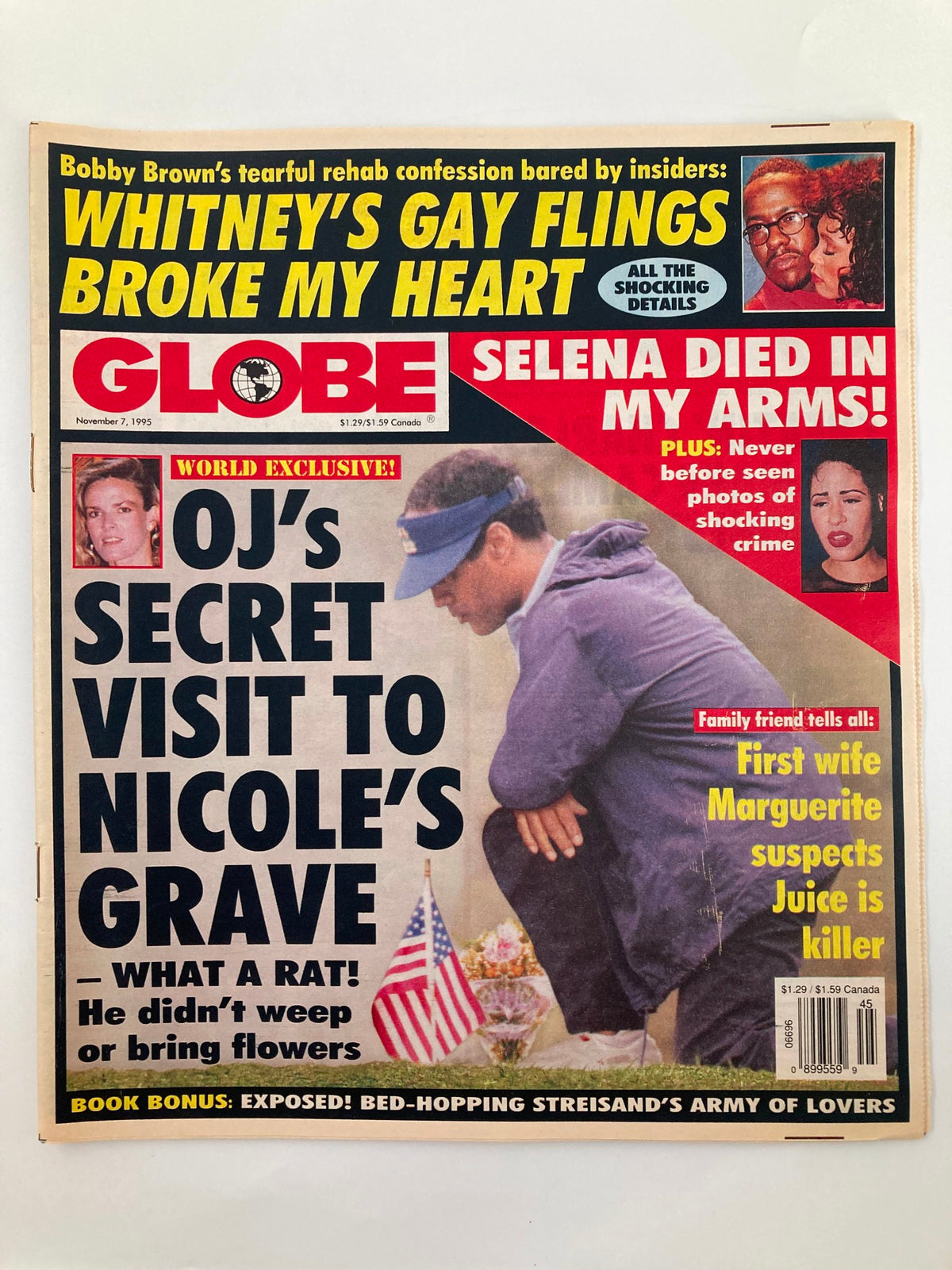 Cover of Globe Magazine, November 7, 1995, featuring headlines about Selena, Whitney Houston, and OJ Simpson, highlighting cultural events and celebrity news from the 1990s.