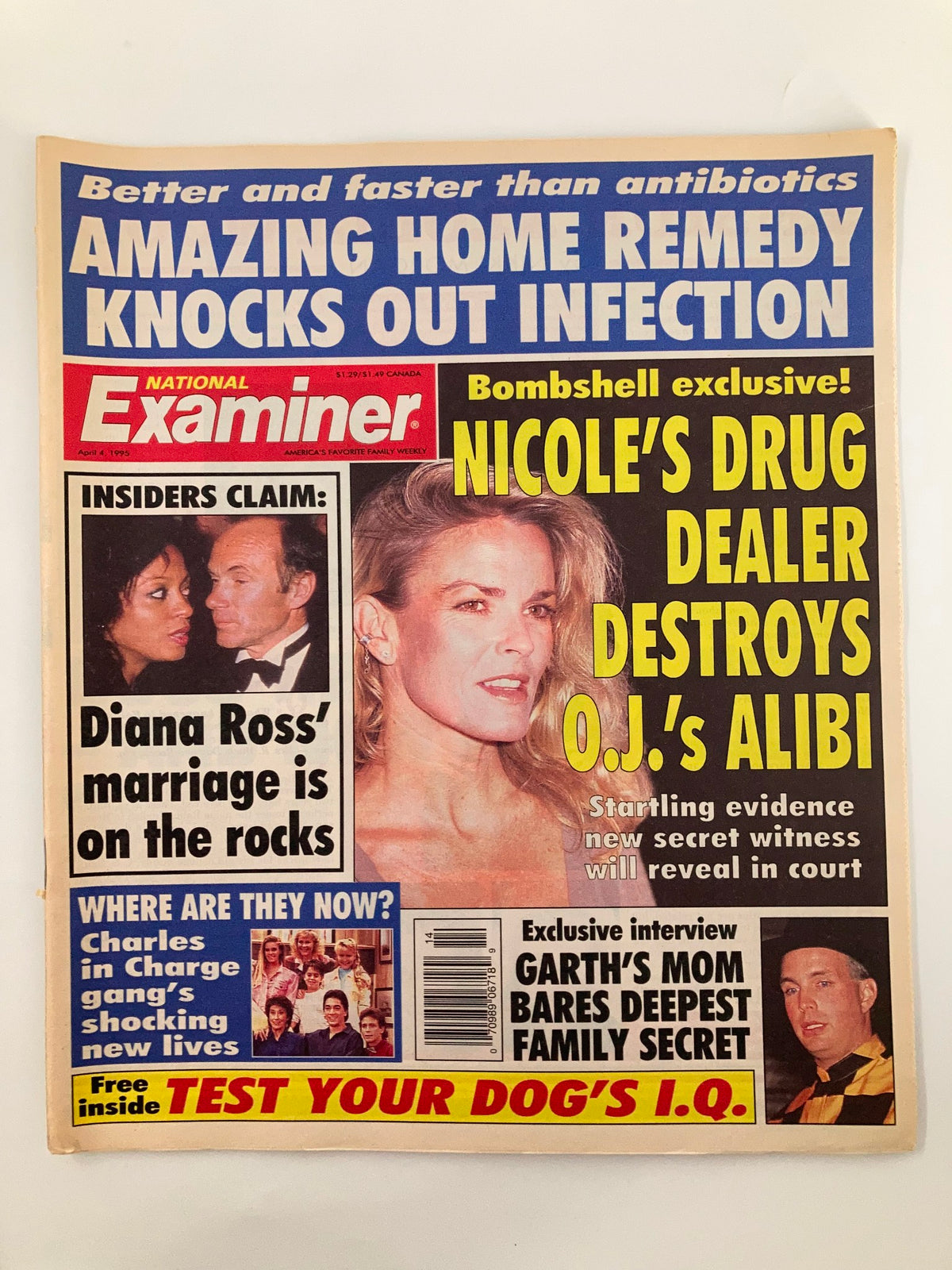 Cover of National Examiner April 4, 1995 featuring stories about Diana Ross, Nicole Brown, and OJ Simpson. The headline highlights Nicole's drug dealer and its implications on OJ's alibi, with additional details on Diana Ross's marriage. The magazine presents a snapshot of celebrity culture and crime narratives from the mid-1990s.