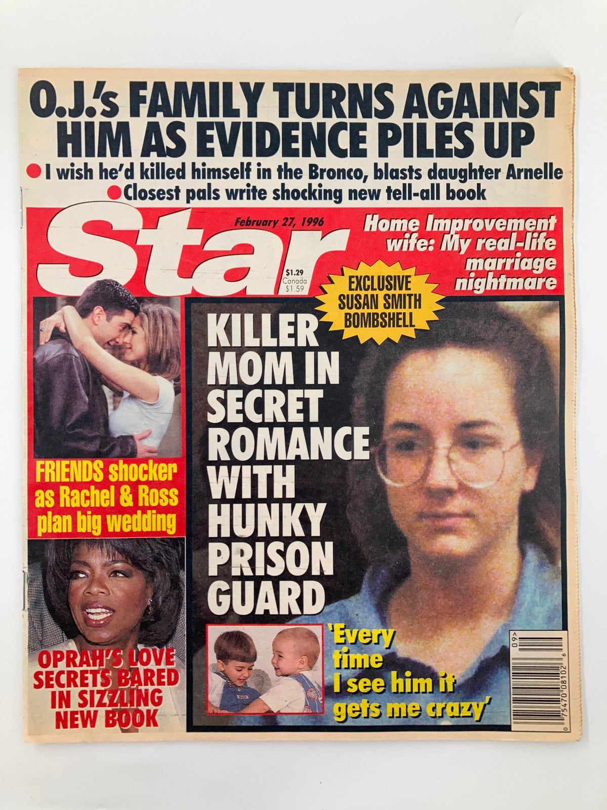 Star Tabloid Magazine cover from February 27, 1996 featuring headlines about Oprah, Susan Smith, and a romantic story with a prison guard. The cover includes images of celebrities and shocking news, designed for entertainment readers.