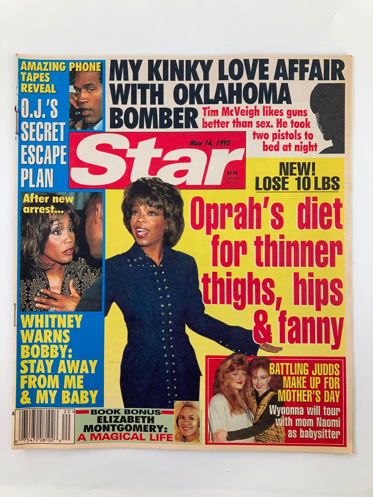 Star Tabloid Magazine cover from May 16, 1995 featuring Oprah, Whitney Houston, and OJ Simpson. The cover includes headlines such as 'My Kinky Love Affair with Oklahoma Bomber' and 'Oprah's diet for thinner thighs, hips & fanny.' This collectible magazine showcases insights into celebrity news from the 1990s.