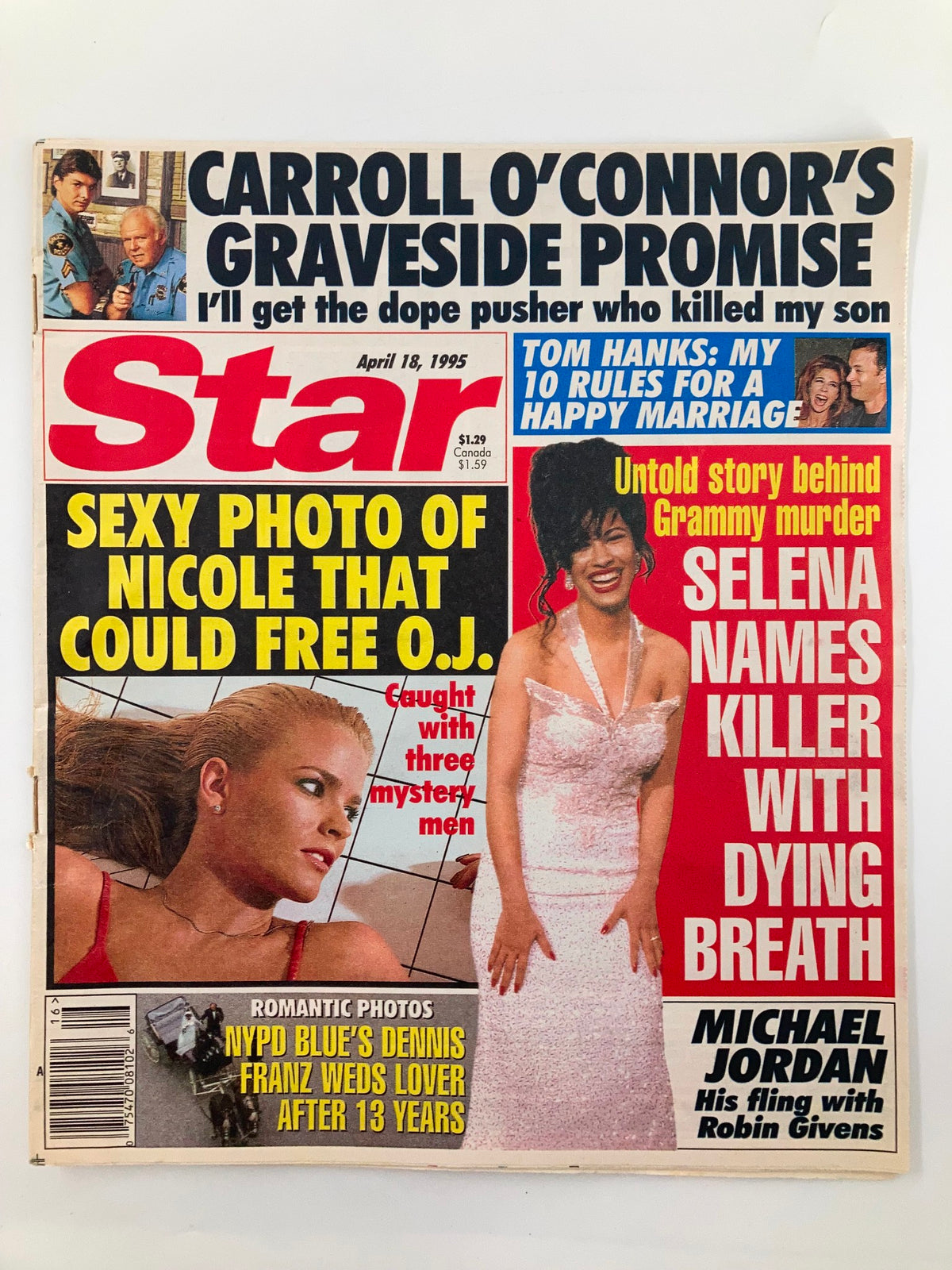 Star Magazine cover from April 18, 1995 featuring celebrities Selena, Tom Hanks, and Michael Jordan, with headlines on a crime story and marriage tips.