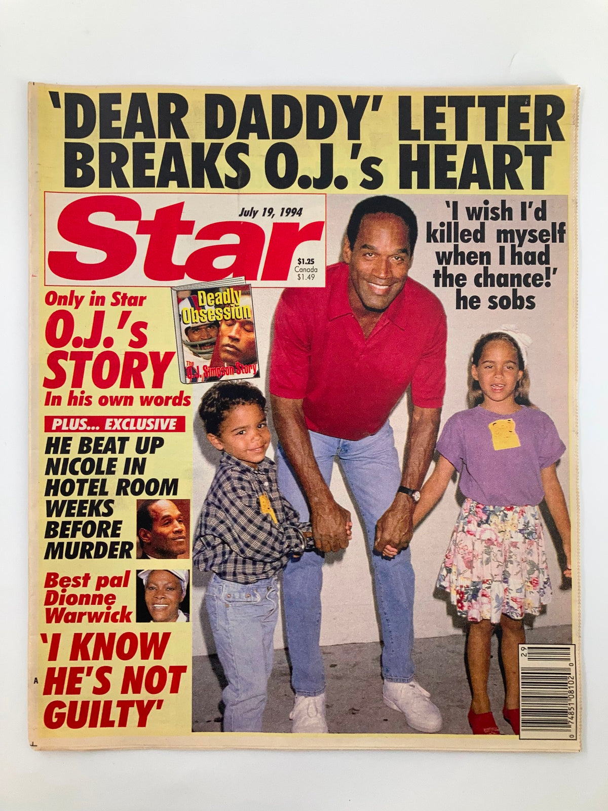 Cover of Star Magazine from July 19, 1994, featuring OJ Simpson, a heartfelt letter impacting him, and appearances by Dionne Warwick and children.