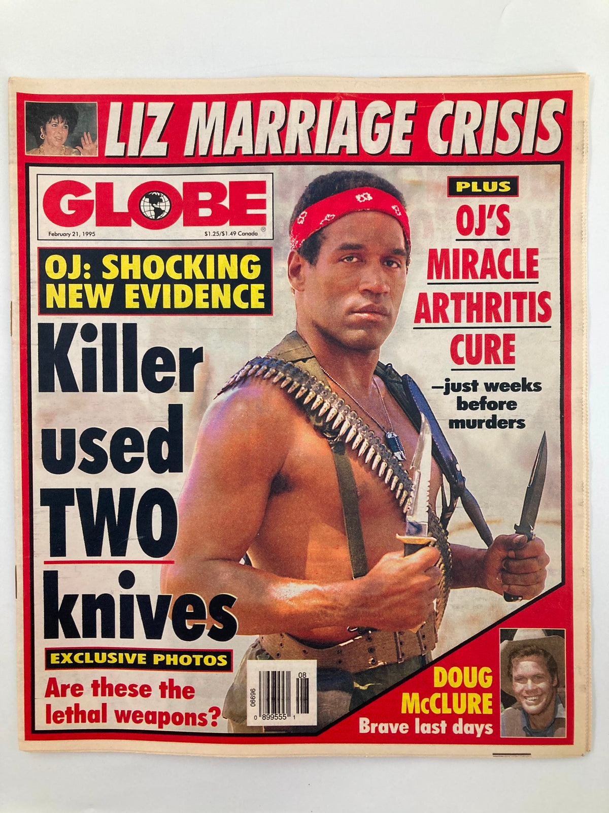 Globe Magazine February 21 1995 featuring Liz Taylor's marriage crisis on the cover, with exclusive photos related to OJ Simpson and Doug McClure highlighted, showcasing vibrant tabloid journalism from the 1990s.