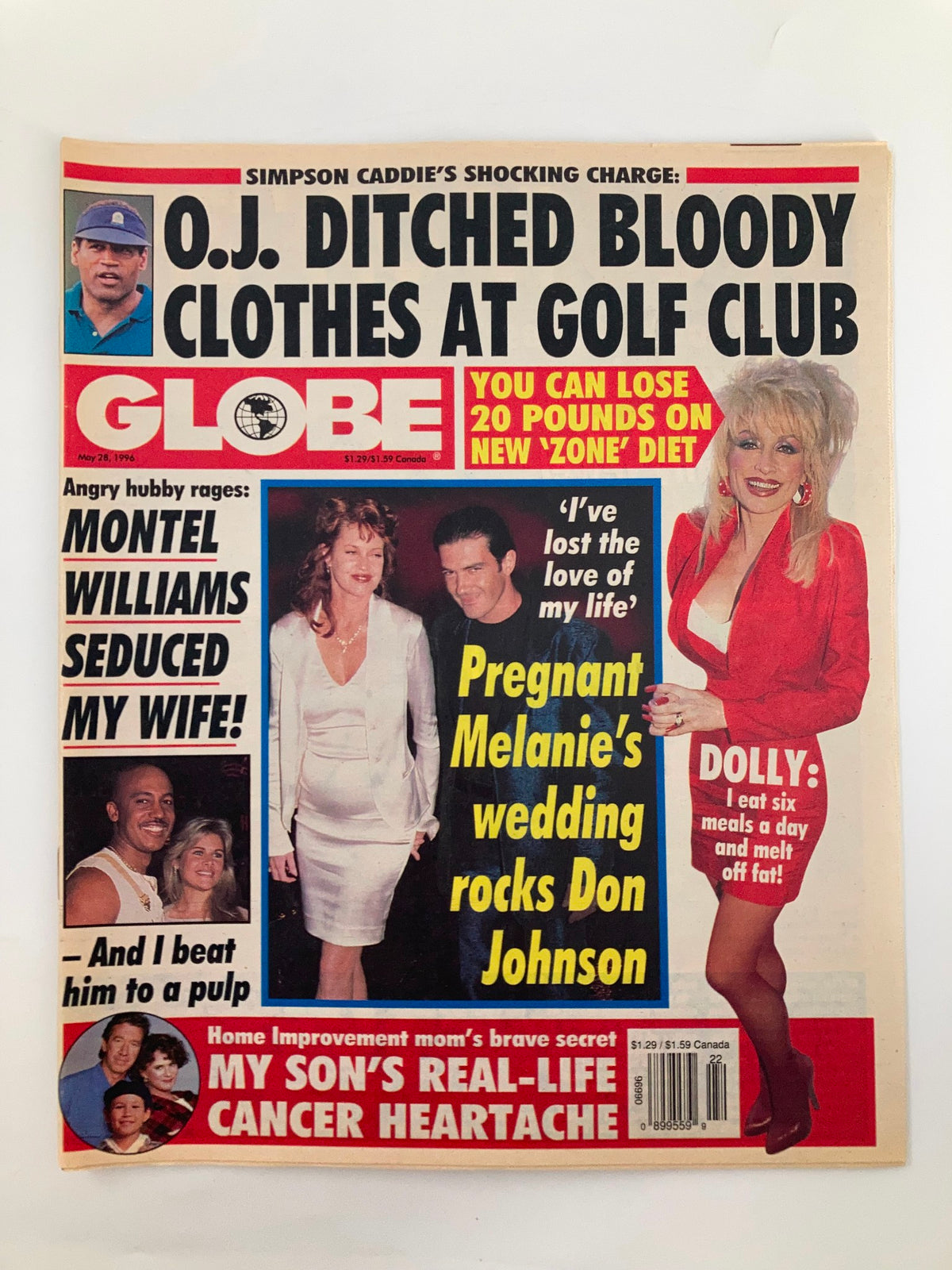 Cover of Globe Magazine dated May 28, 1996, featuring Dolly Parton and Montel Williams. The tabloid includes headlines on celebrity news and lifestyle tips, showcasing vibrant 90s pop culture.