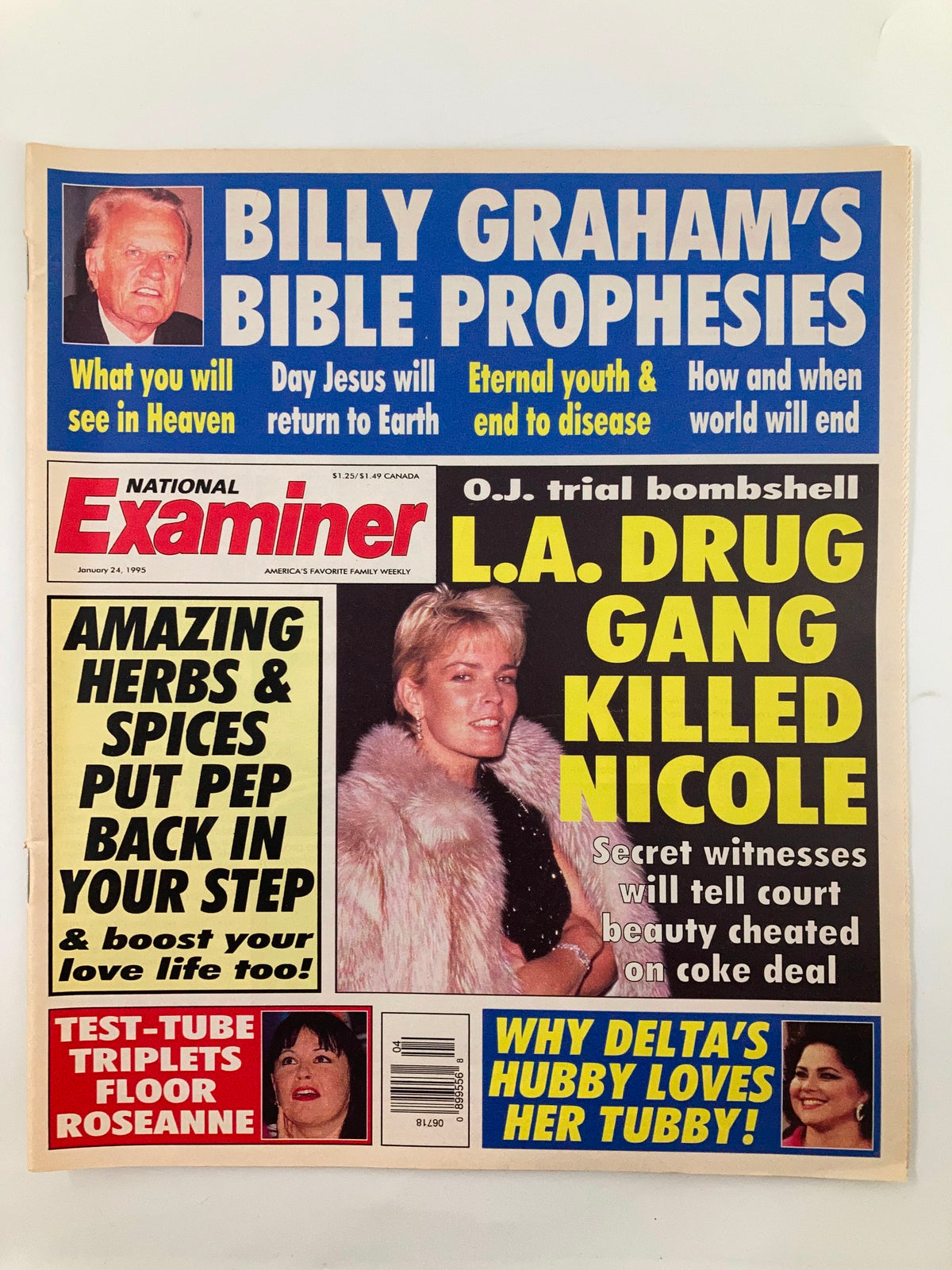 Cover of National Examiner January 25, 1994, featuring stories on Billy Graham and Nicole Brown, highlighting topics like drug gangs and celebrity culture from the 90s.