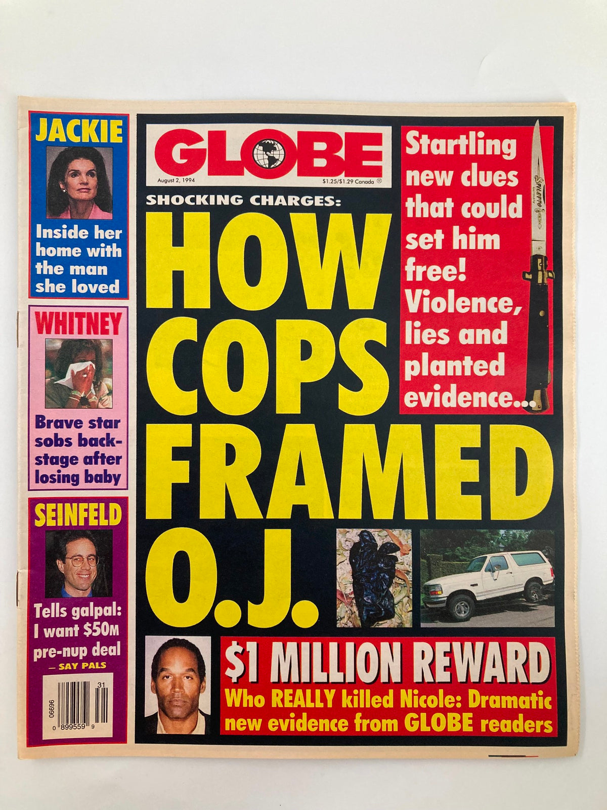 Cover of Globe Magazine from August 2, 1994, featuring Jackie Onassis and Whitney Houston, with a bold headline 'HOW COPS FRAMED O.J.' and additional news about a million-dollar reward related to the O.J. Simpson case.