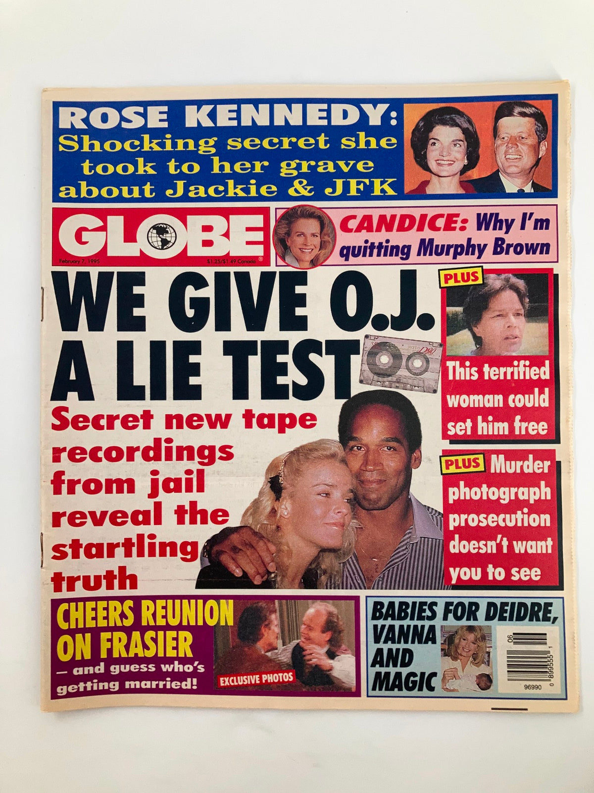 Globe Magazine February 7 1995 cover featuring Rose Kennedy, Jackie Kennedy, and John F. Kennedy with headlines about O.J. Simpson, Candice Bergen, and a reunion on Frasier, capturing the vintage style of tabloid journalism.