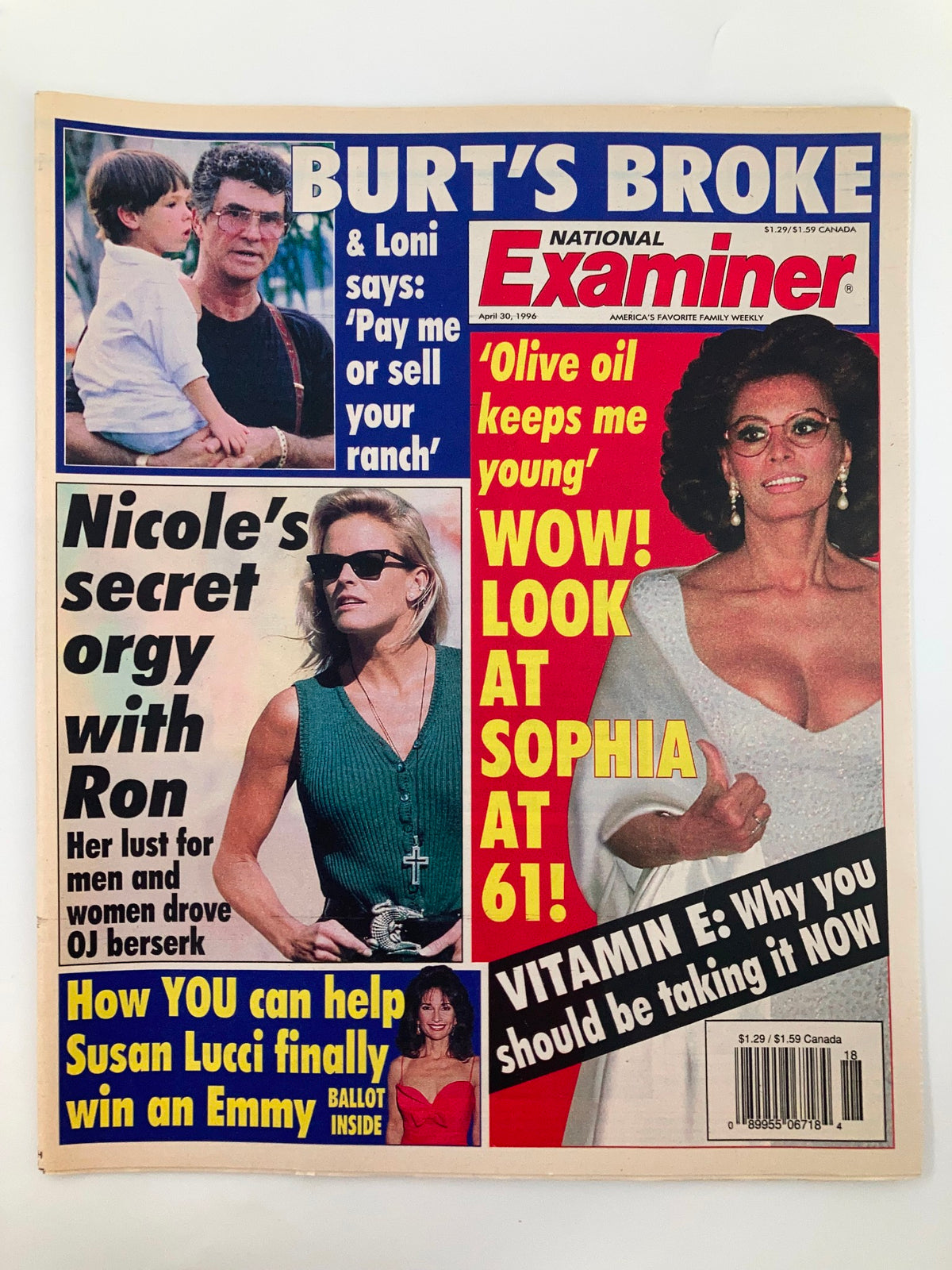 National Examiner Magazine April 30 1996 cover featuring Burt Reynolds, Loni Anderson, and Susan Lucci, showcasing celebrity news and vintage pop culture.