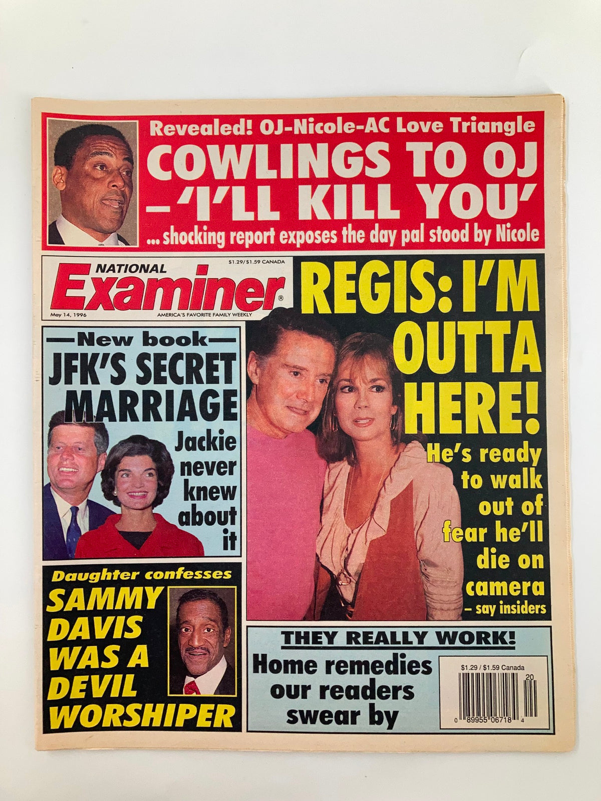 Cover of National Examiner Magazine from May 14, 1996, featuring headlines about JFK & Jackie Kennedy, Sammy Davis Jr., and other significant stories from the 1990s.