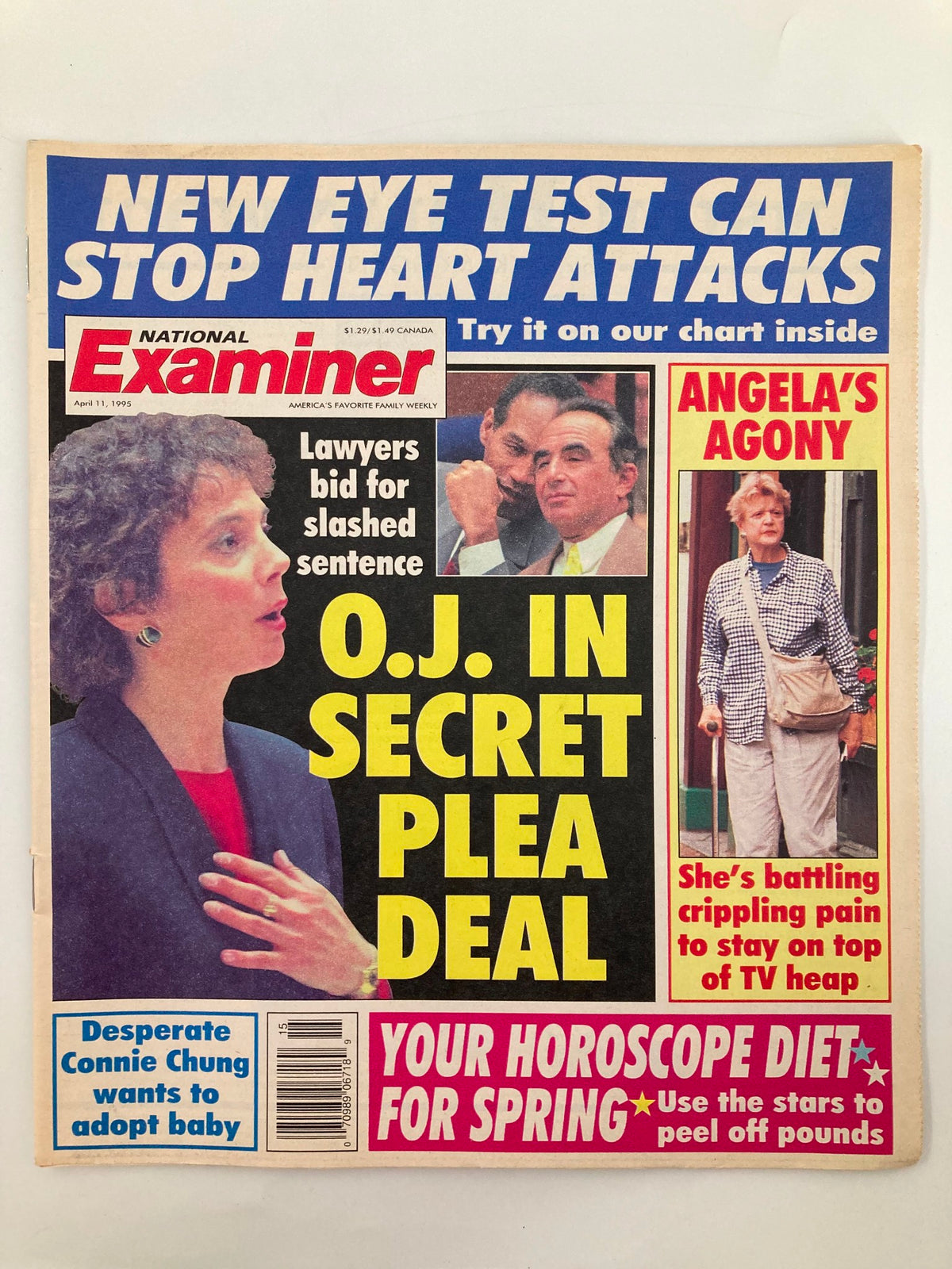 Cover of the National Examiner Tabloid from April 11, 1995 featuring headlines about O.J. Simpson's secret plea deal and Connie Chung. The magazine showcases 'Angela's Agony' highlighting health struggles and includes a horoscope section.