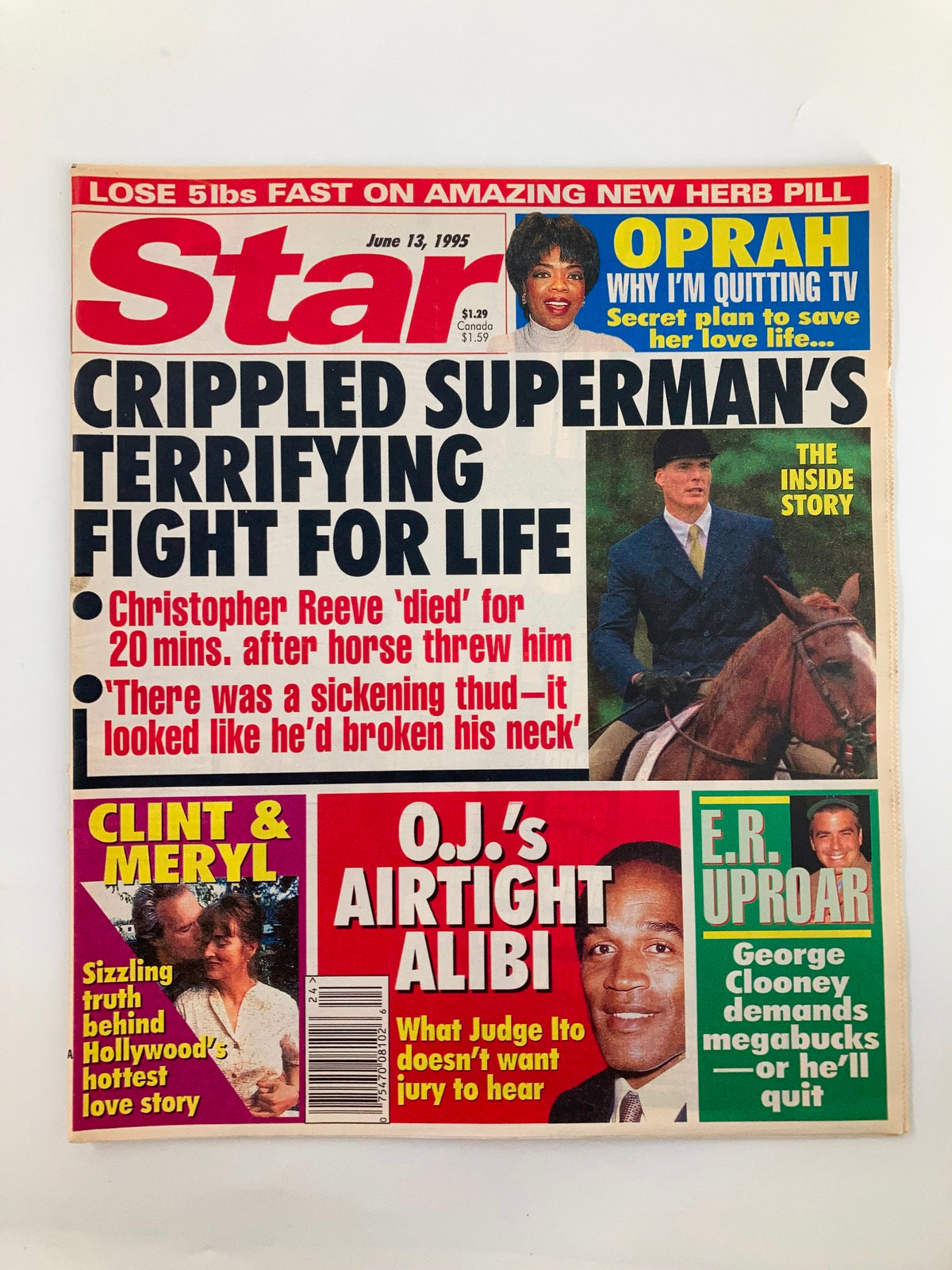 Cover of Star Tabloid Magazine from June 13, 1995, featuring headlines about Christopher Reeve, Clint Eastwood, Meryl Streep, O.J. Simpson, and George Clooney. The magazine provides a snapshot of 1990s pop culture and entertainment news.