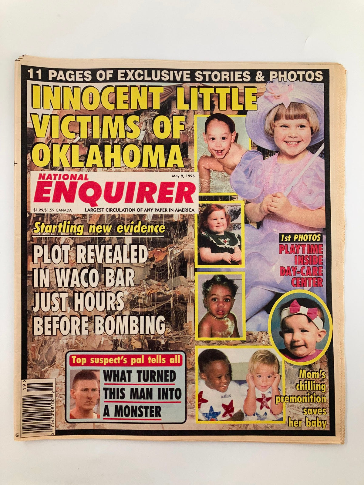 National Enquirer Tabloid from May 9, 1995 featuring the headline 'Innocent Little Victims of Oklahoma' with a cover photo showcasing children, including a story on Waco. The magazine is in very good to excellent condition and comes with a protective covering.