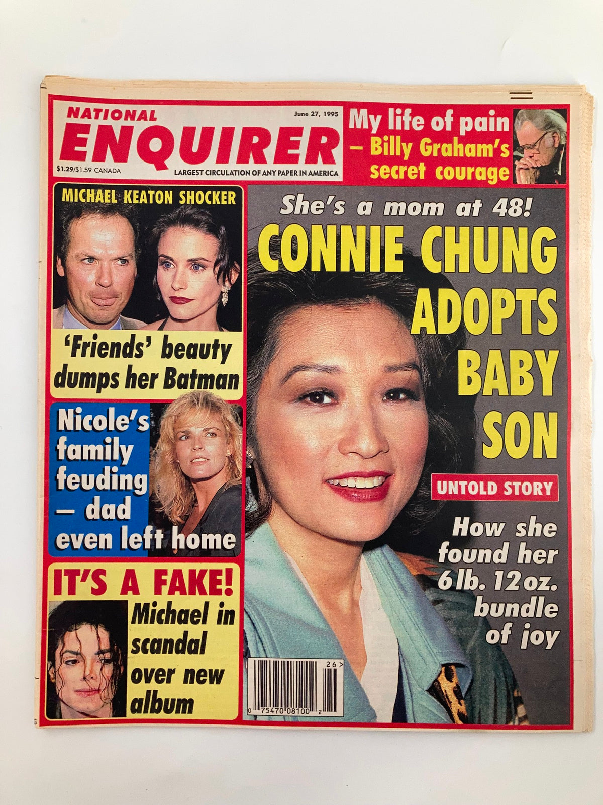 National Enquirer Tabloid June 27 1995 featuring headlines on Michael Jackson, Connie Chung adopting a baby, and celebrity news. Magazine in Very Good condition, showcasing popular culture from the 1990s.