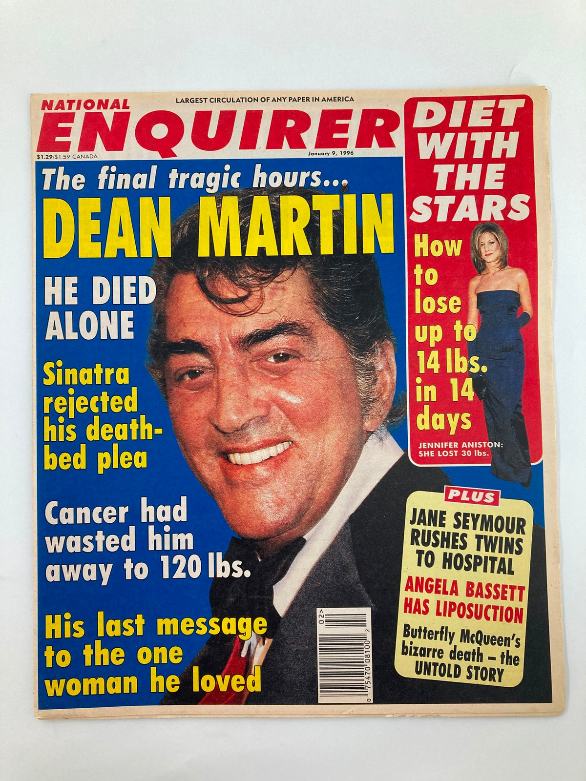 National Enquirer Tabloid from January 9, 1996 featuring Dean Martin on the cover, highlighting his tragic final hours. The magazine discusses his death, connection to Frank Sinatra, and a personal message to a loved one. Magazine condition is Very Good, with no label, and comes with a protective covering.