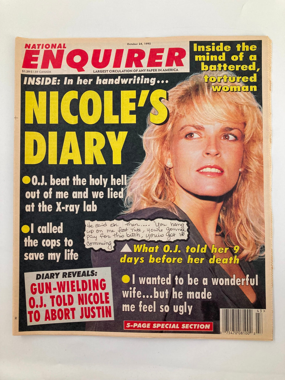 Cover of National Enquirer Tabloid from October 24, 1995, featuring the headline 'Nicole's Diary' and a photograph of Nicole Brown Simpson, discussing her experiences and insights leading up to her tragic death.