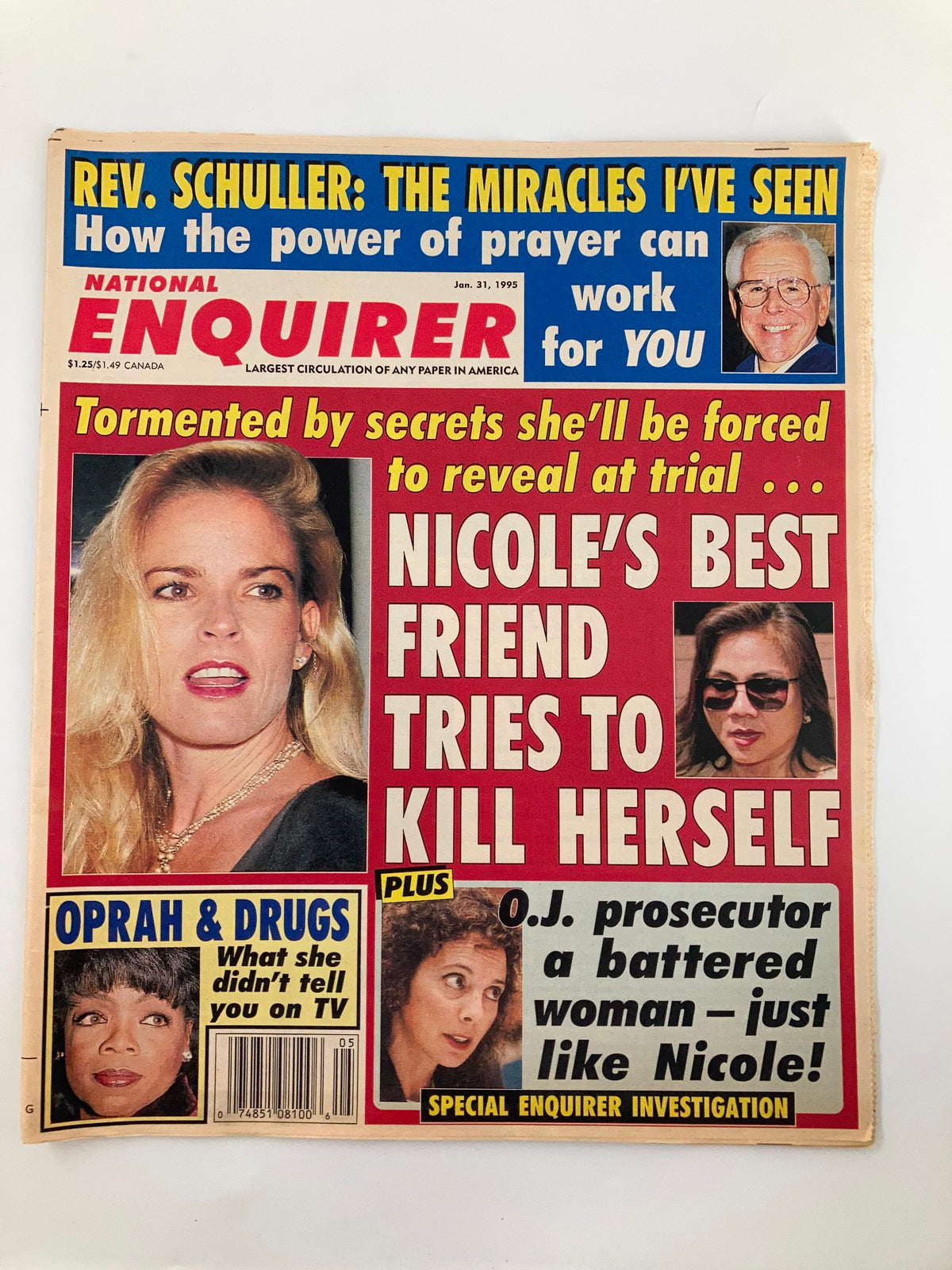 Cover of National Enquirer Tabloid from January 31, 1995 featuring stories on Oprah and Rev. Schuller, with headlines about Nicole's friend and O.J. prosecutor's insights. The magazine is noted to be in very good condition and comes with a protective covering.