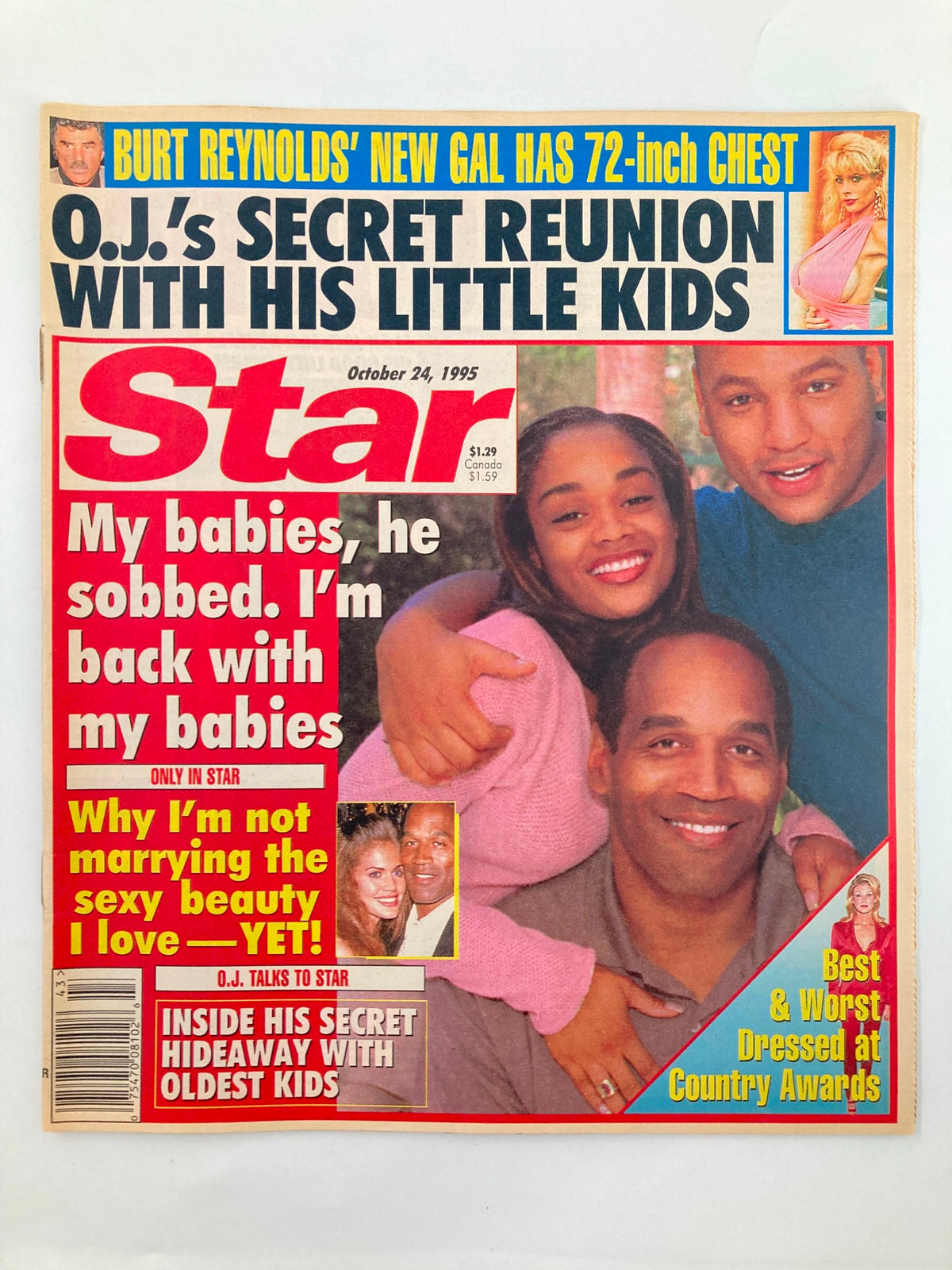 Star Tabloid Magazine cover from October 24, 1995. Features Burt Reynolds and O.J. Simpson with sensational headlines about O.J.'s reunion with his children and Burt's new girlfriend.