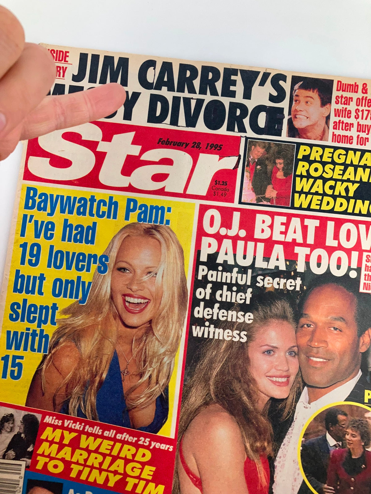 Close-up of Star Tabloid Magazine February 28 1995 cover, emphasizes Jim Carrey's divorce alongside Pamela Anderson's stories, showcasing vibrant 90s pop culture.
