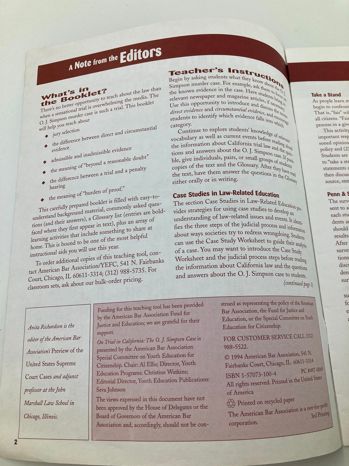 Page from 'On Trial in California: The O.J. Simpson Case' discussing the contents and instructional purpose of the booklet.