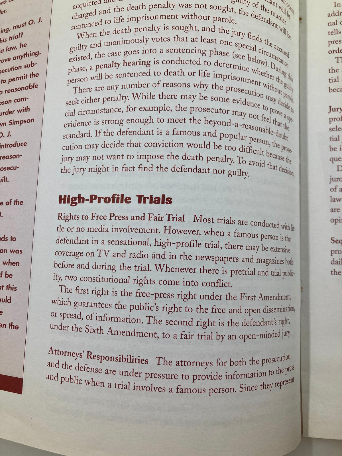 Page from 'On Trial in California: The O.J. Simpson Case' explaining the conflicts between media coverage and fair trial rights.
