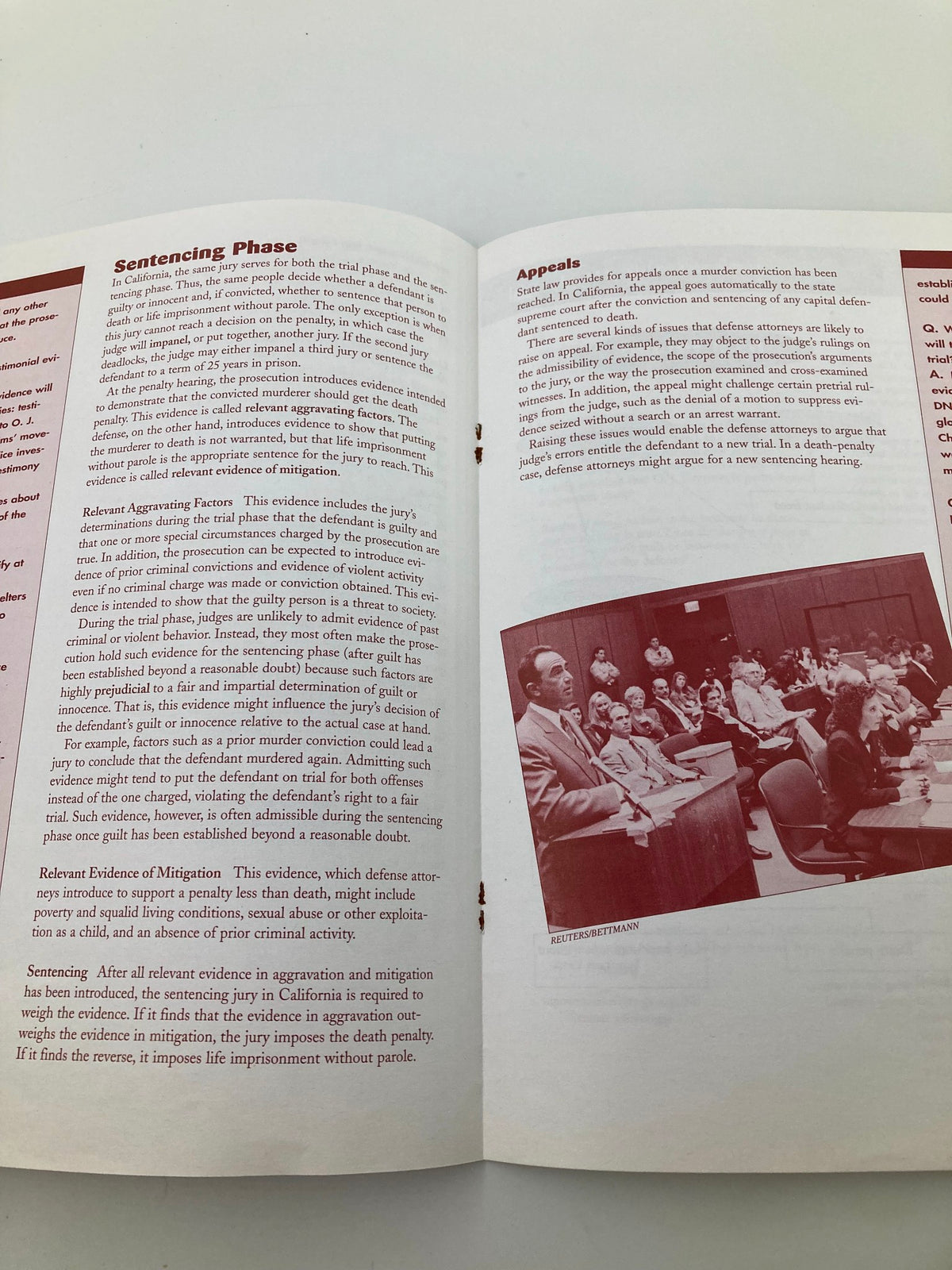 Page from 'On Trial in California: The O.J. Simpson Case' outlining the sentencing phase and appeals process in the trial.