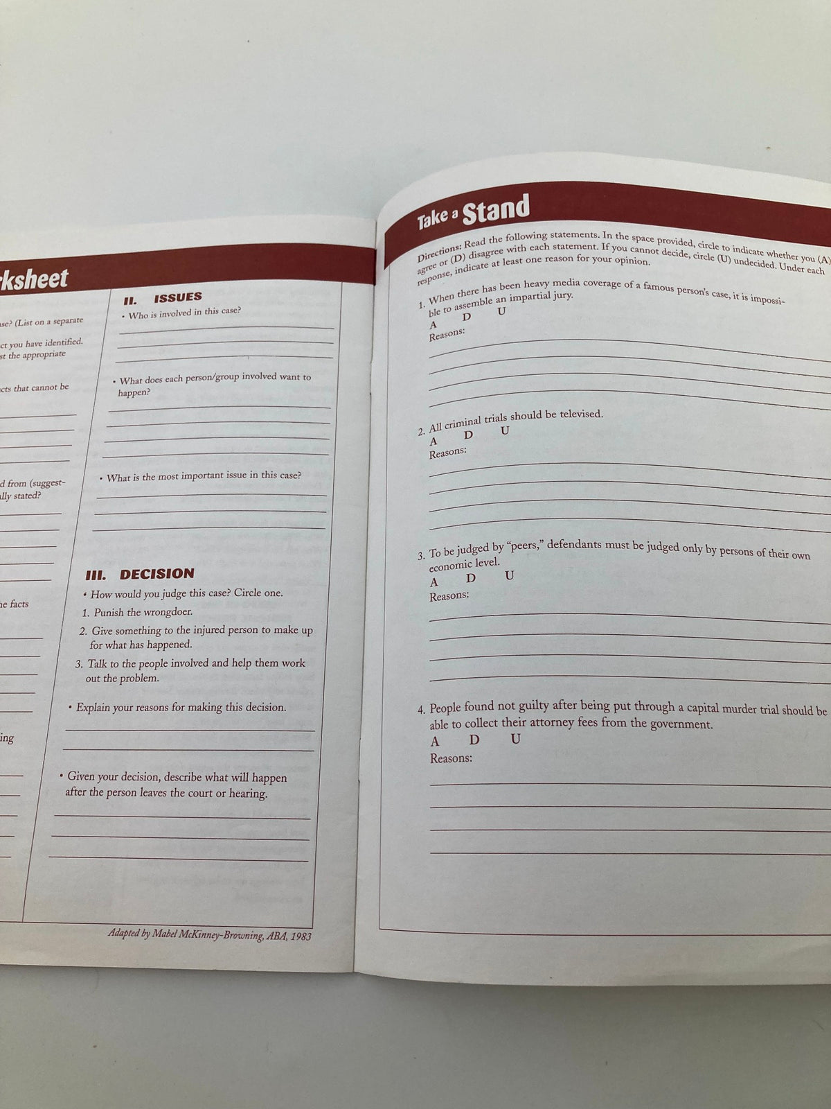 Worksheet titled 'Take a Stand' from the magazine 'On Trial in California: The O.J. Simpson Case' by Anita R., featuring questions for analysis on legal issues and decisions related to criminal trials.