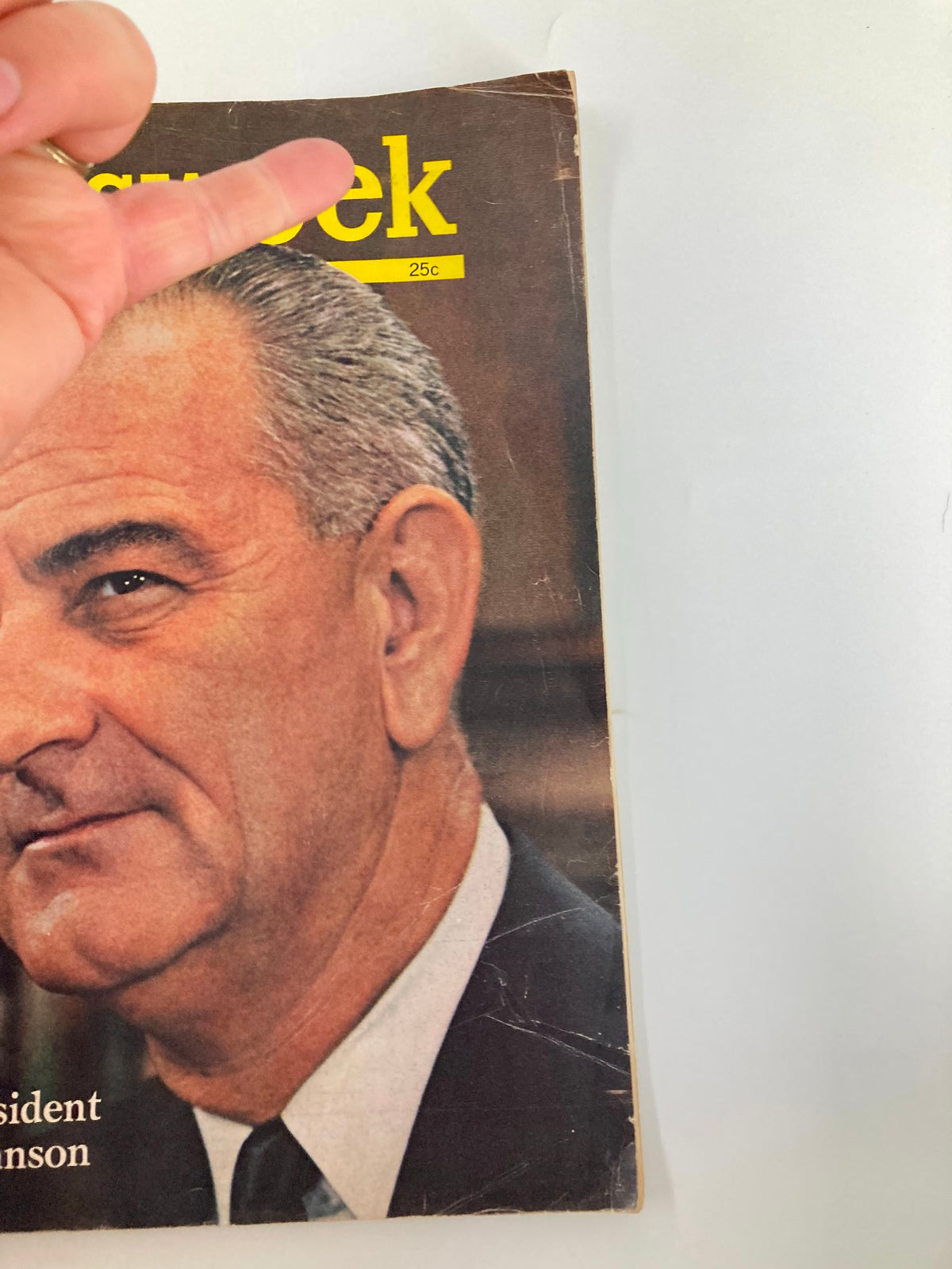 Close-up view of the cover of VTG Newsweek Magazine December 9 1963 displaying President Lyndon B. Johnson's portrait alongside a hand pointing at the cover.