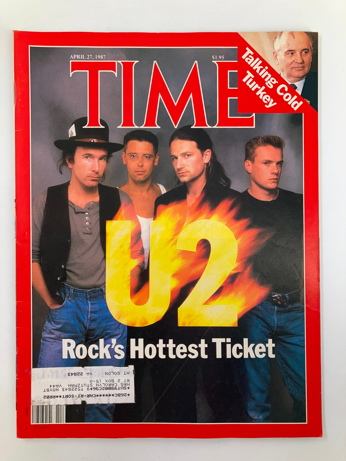 Cover of Time Magazine April 27, 1987 featuring U2, titled 'Rock's Hottest Ticket', highlighting the band's prominence in contemporary rock music.