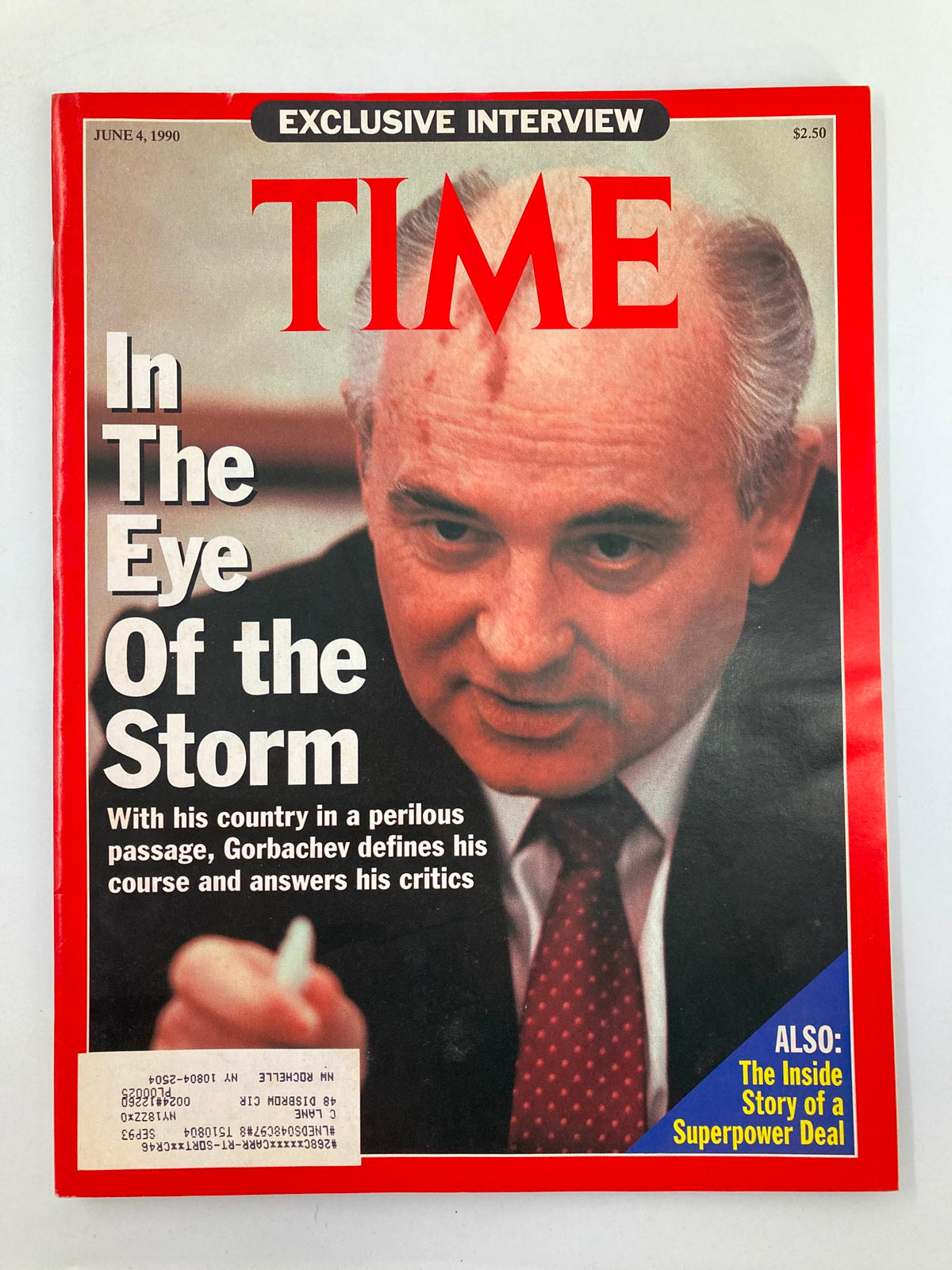 Vintage Time Magazine cover from June 4, 1990, featuring Mikhail Gorbachev with the title 'In The Eye of the Storm'. The cover highlights Gorbachev's role during a critical period in global politics, showcasing his portrait and a leading article about his political journey and the challenges faced in the early 1990s.