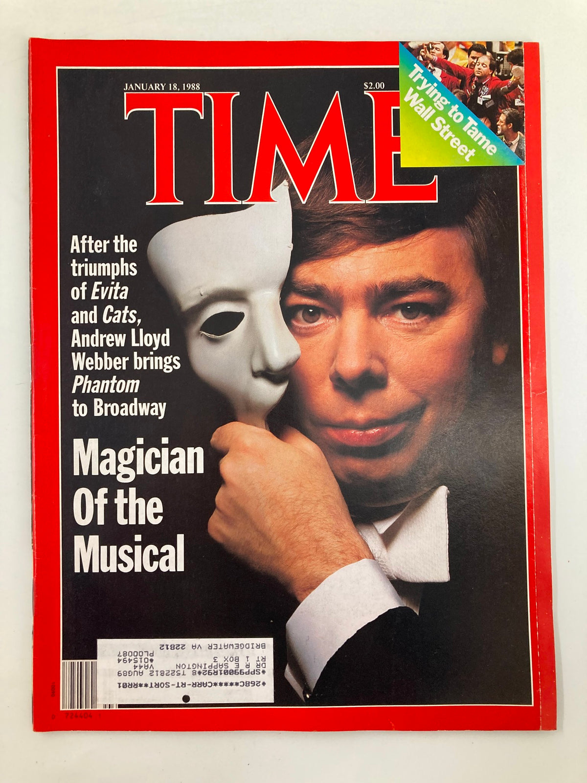 Cover of VTG Time Magazine from January 18, 1988 featuring Andrew Lloyd Webber titled 'Magician of the Musical', showcasing a theatrical mask and Lloyd Webber's portrait.