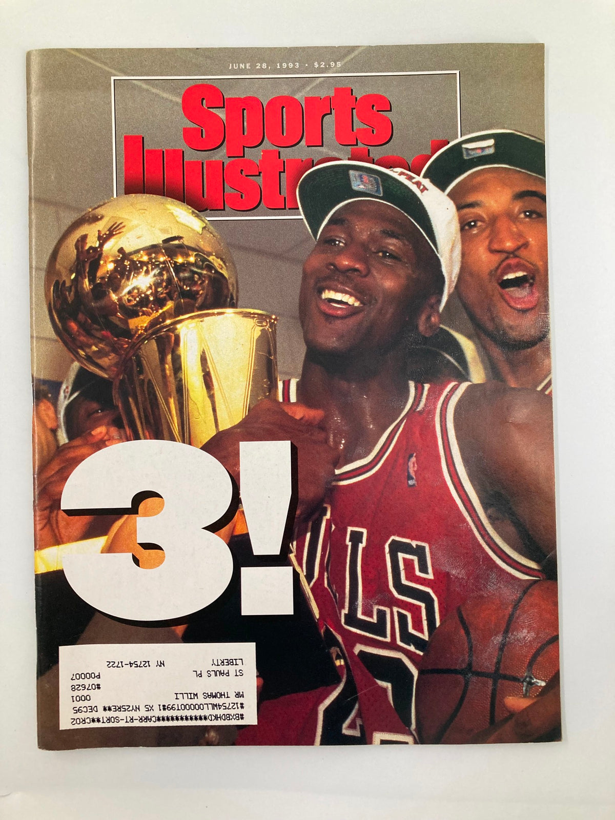 Cover of Sports Illustrated Magazine dated June 28, 1993, featuring Michael Jordan celebrating with the NBA championship trophy alongside Scottie Pippen, capturing a significant moment in basketball history.