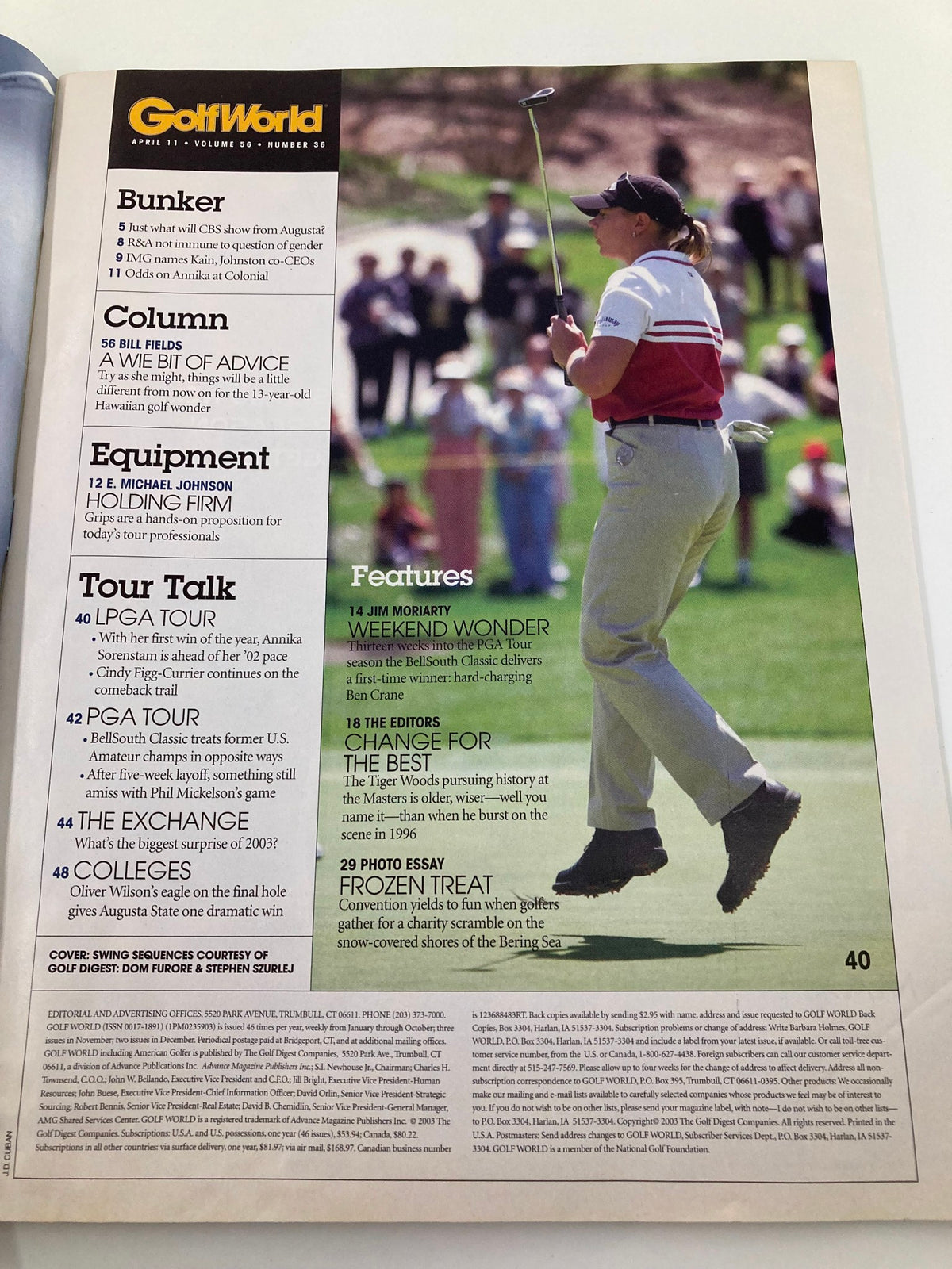Inside page of Golf World Magazine April 11, 2003, Vol 56 #36 displaying various sections, including features and articles relevant to the golf community.