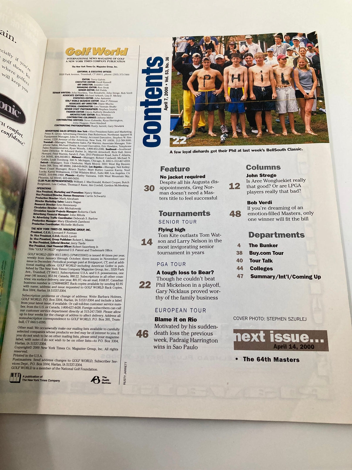 Table of contents from Golf World Magazine April 7, 2000, showing features, tournament information, and department summaries.