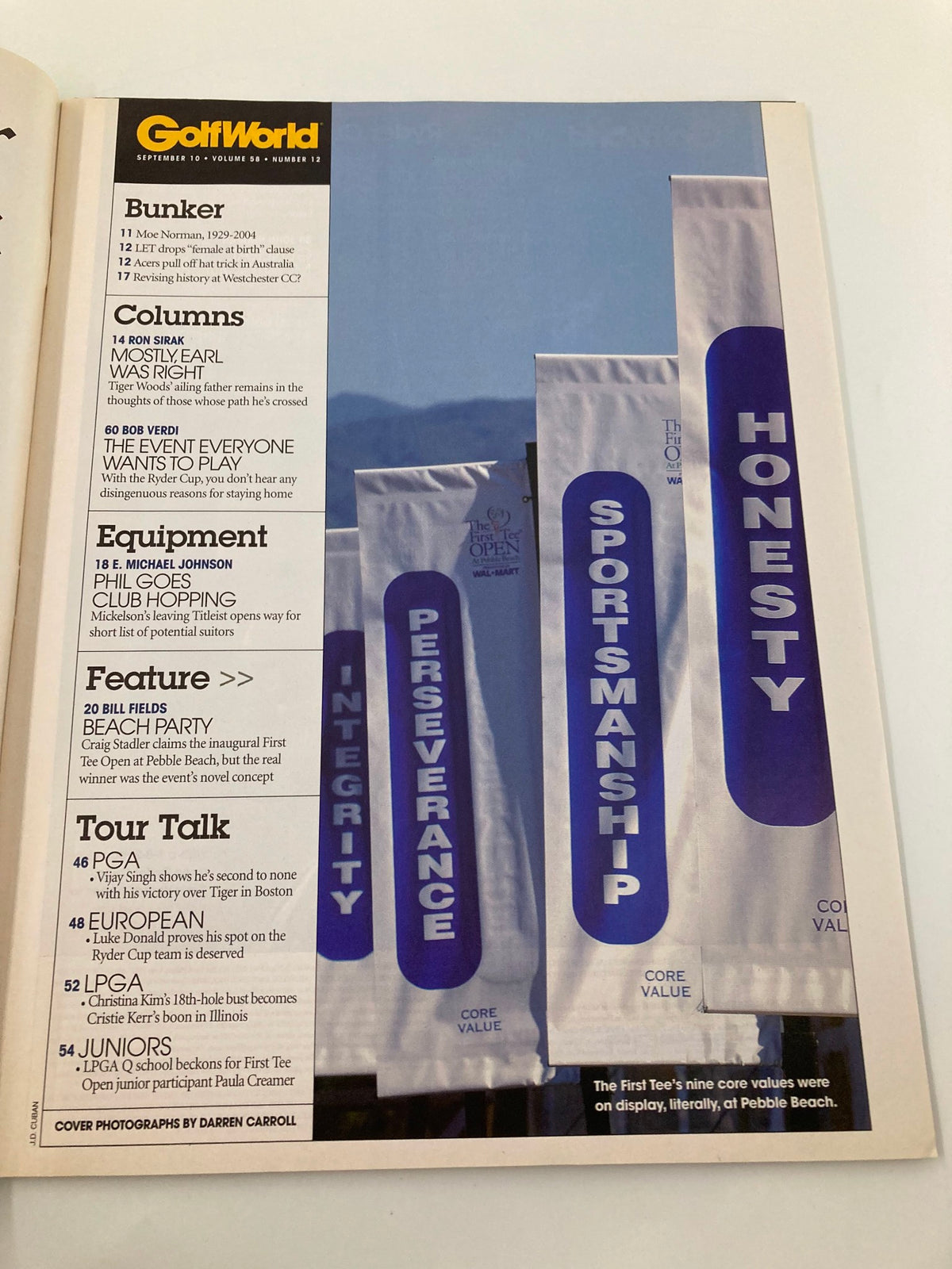 Inside page of Golf World Magazine September 10, 2004, displaying sections on integrity, perseverance, sportsmanship, and honesty, part of a feature on the evolving narratives in professional golf.