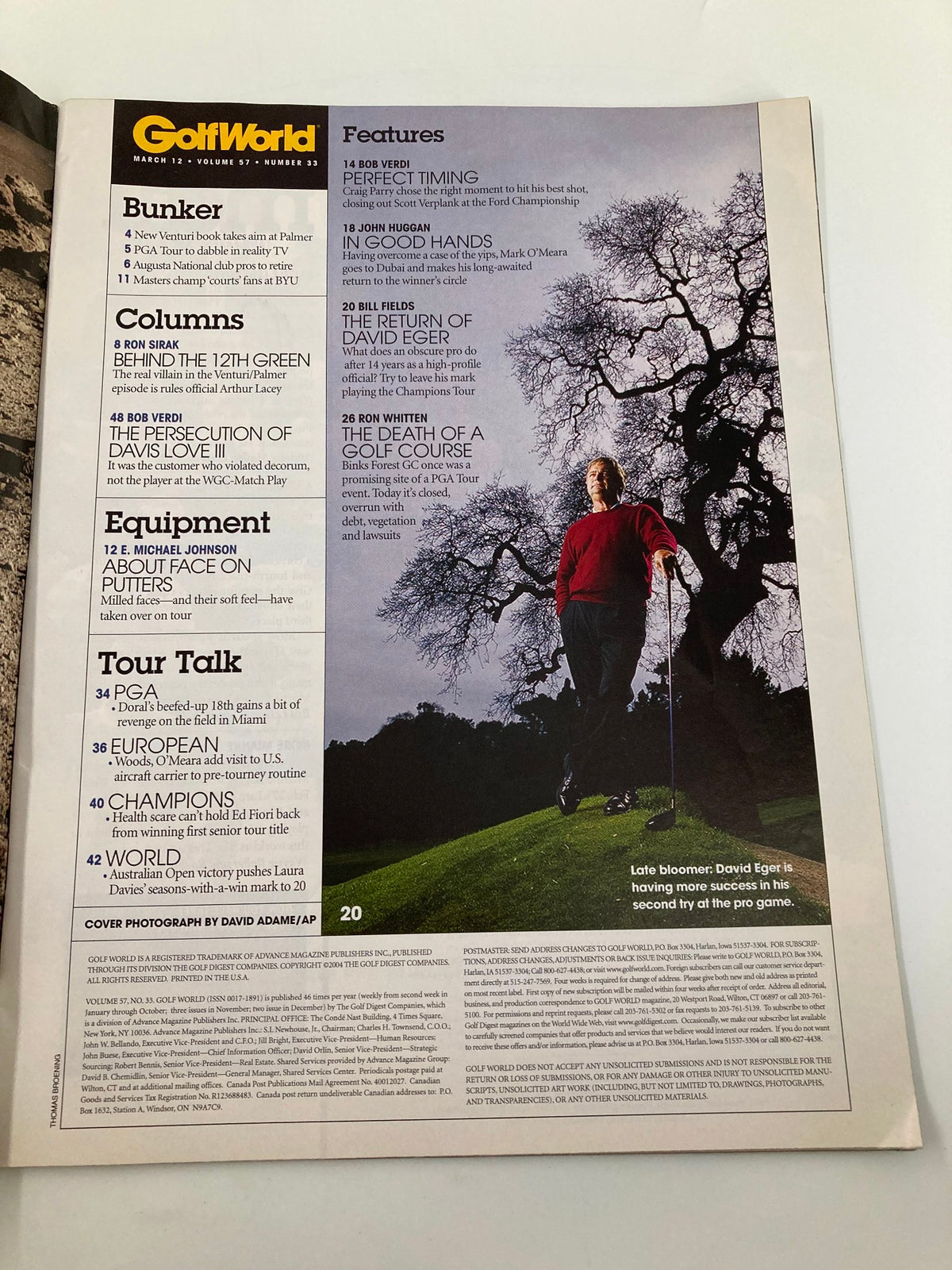 Inside page of Golf World Magazine March 12 2004 showcasing features including columns on golf techniques, equipment, and David Eger, with a scenic photograph of Eger on the golf course.