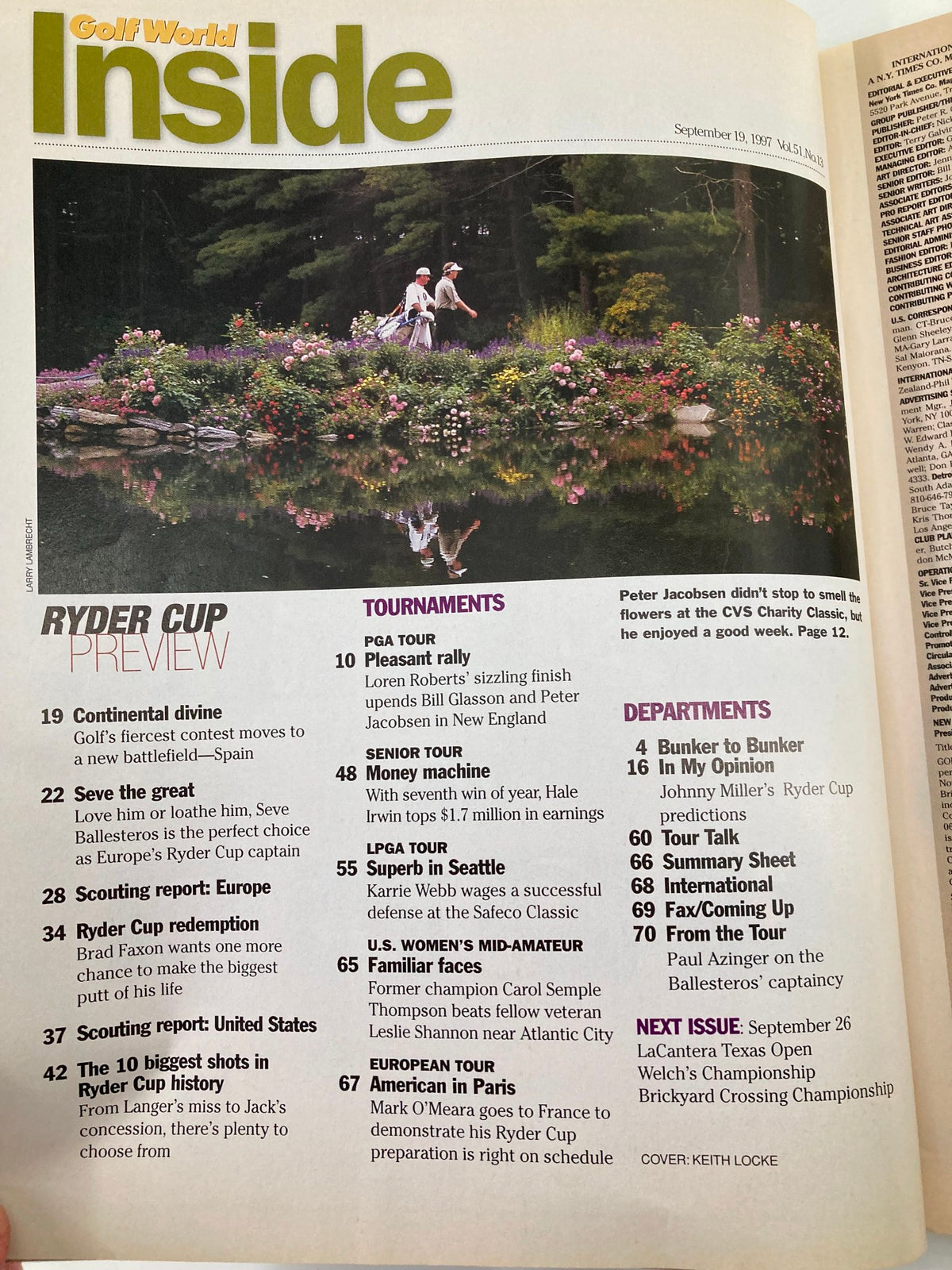 Inside page of Golf World Magazine, September 19, 1997, Vol 51 #13, showcasing the contents related to Ryder Cup preview, tournaments, and articles including a photo of two golfers walking in a picturesque garden.