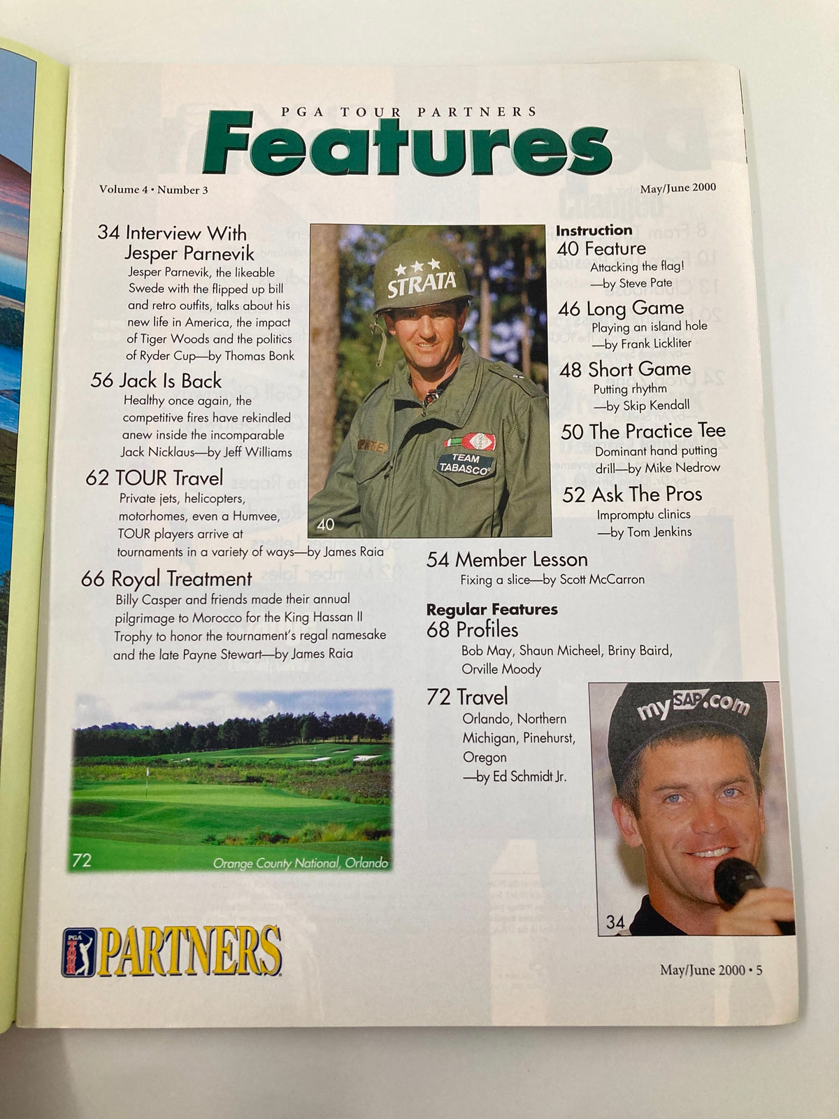 Inside page of PGA Tour Partners magazine, May 2000 edition, displaying features including 'Interview with Jesper Parnevik' and 'Long Game Instruction', highlighting various golf-related articles.